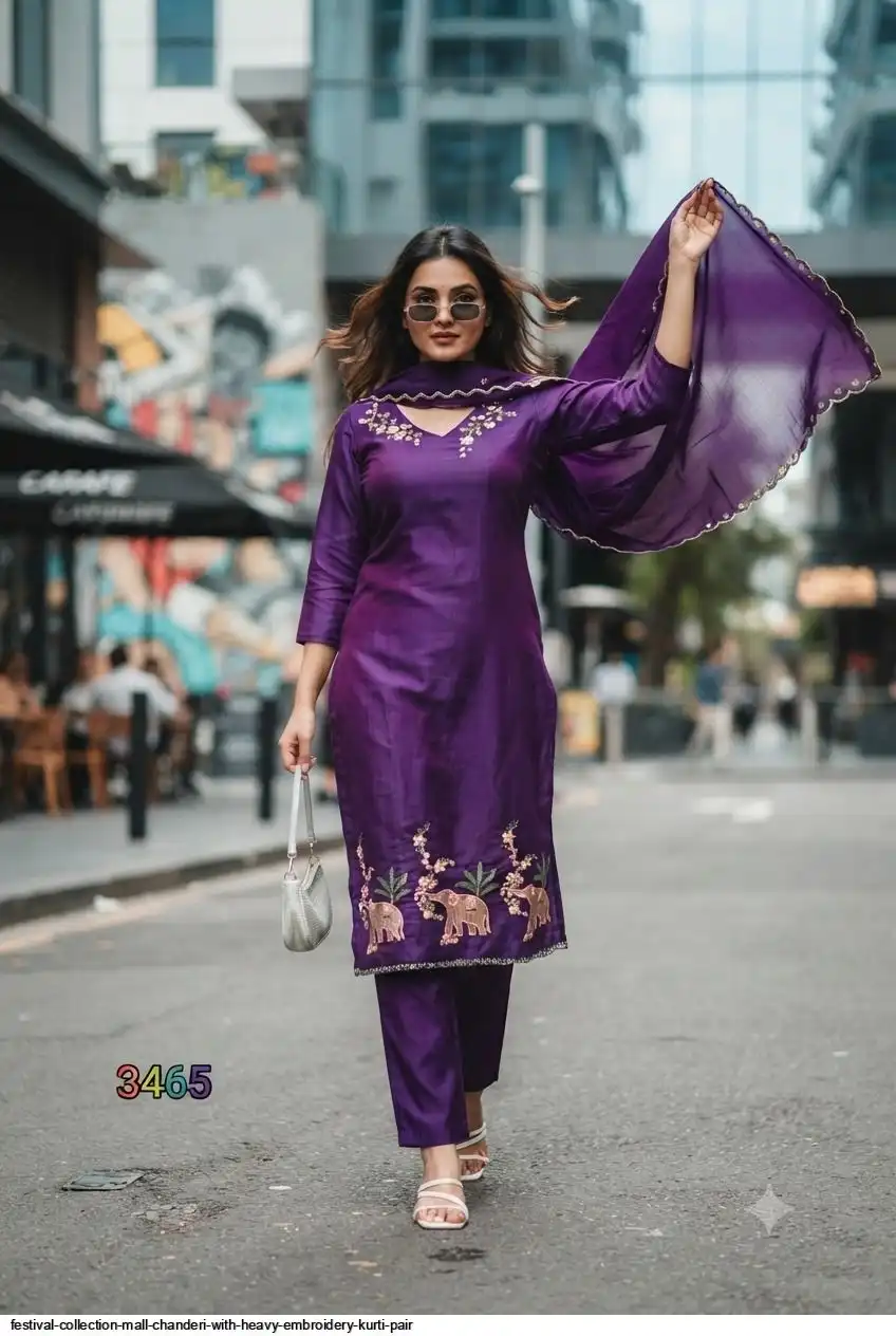 FESTIVAL COLLECTION MALL CHANDERI WITH HEAVY EMBROIDERY KURTI PAIR A