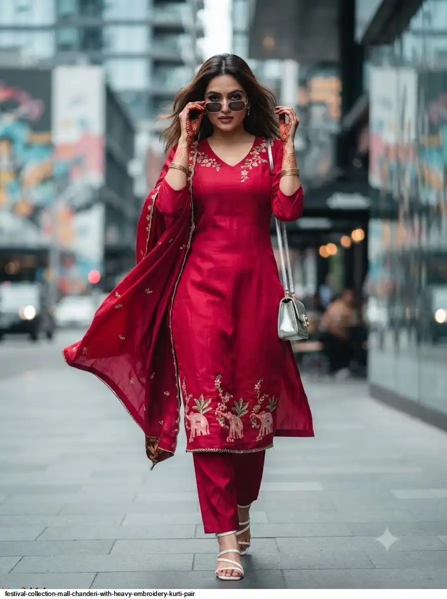 FESTIVAL COLLECTION MALL CHANDERI WITH HEAVY EMBROIDERY KURTI PAIR B