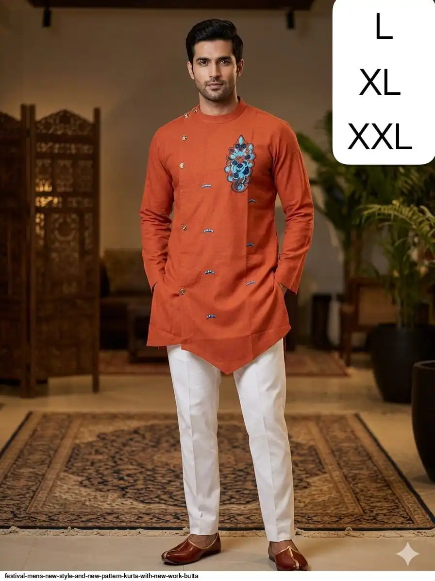 FESTIVAL MENS NEW STYLE AND NEW PATTERN KURTA WITH NEW WORK BUTTA 4