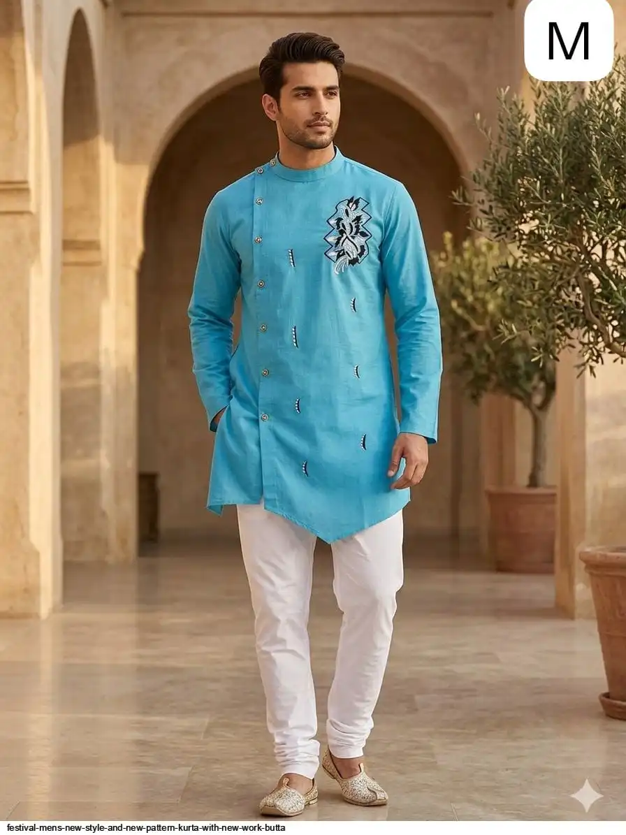 FESTIVAL MENS NEW STYLE AND NEW PATTERN KURTA WITH NEW WORK BUTTA 5
