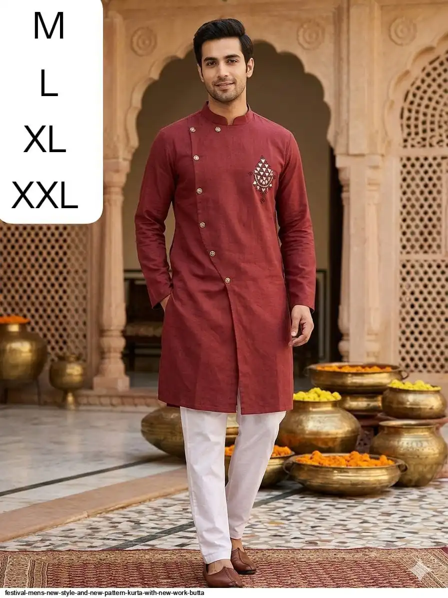 FESTIVAL MENS NEW STYLE AND NEW PATTERN KURTA WITH NEW WORK BUTTA 9