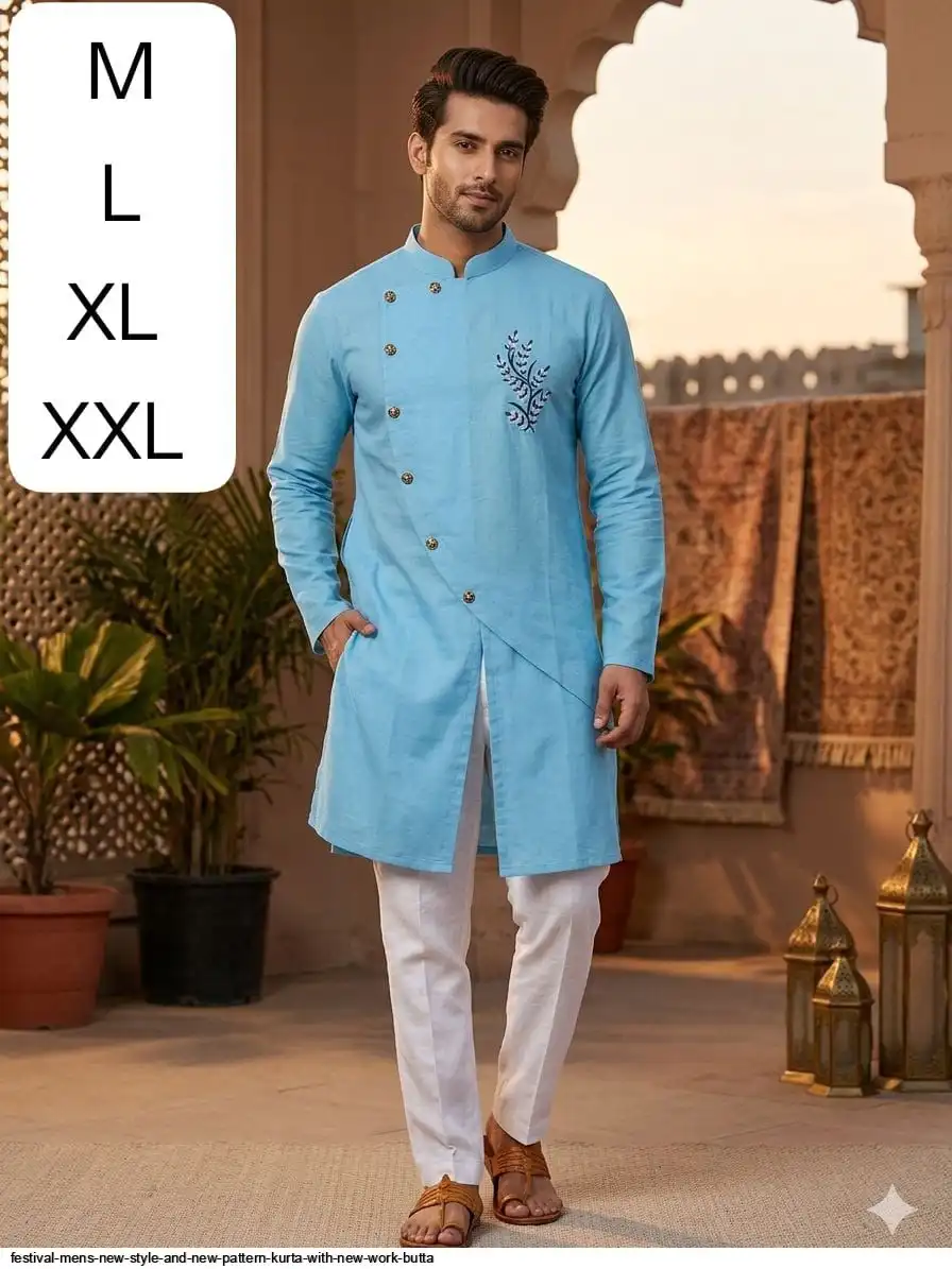 FESTIVAL MENS NEW STYLE AND NEW PATTERN KURTA WITH NEW WORK BUTTA 12