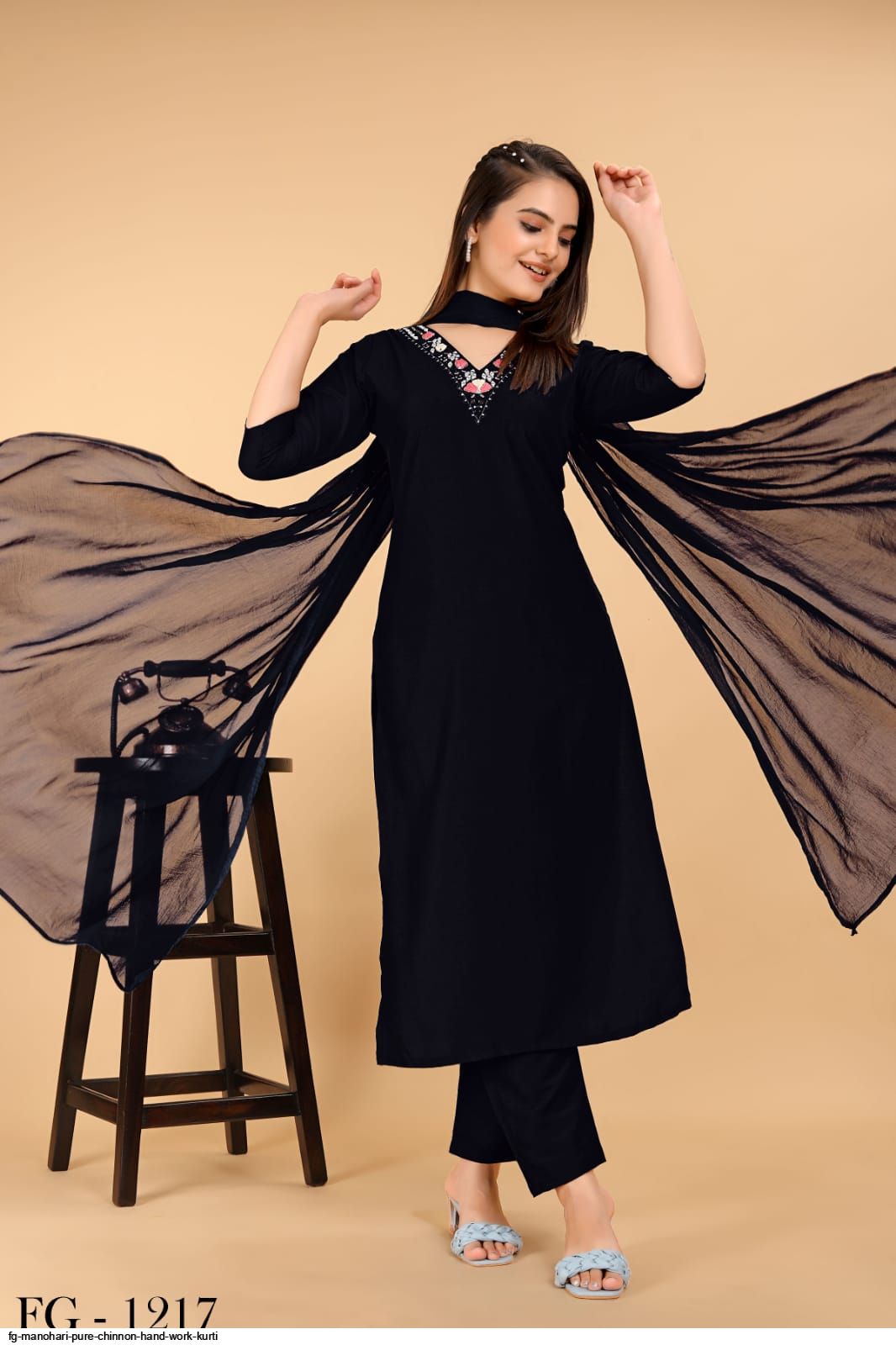 FG MANOHARI Pure CHINNON Hand Work kurti