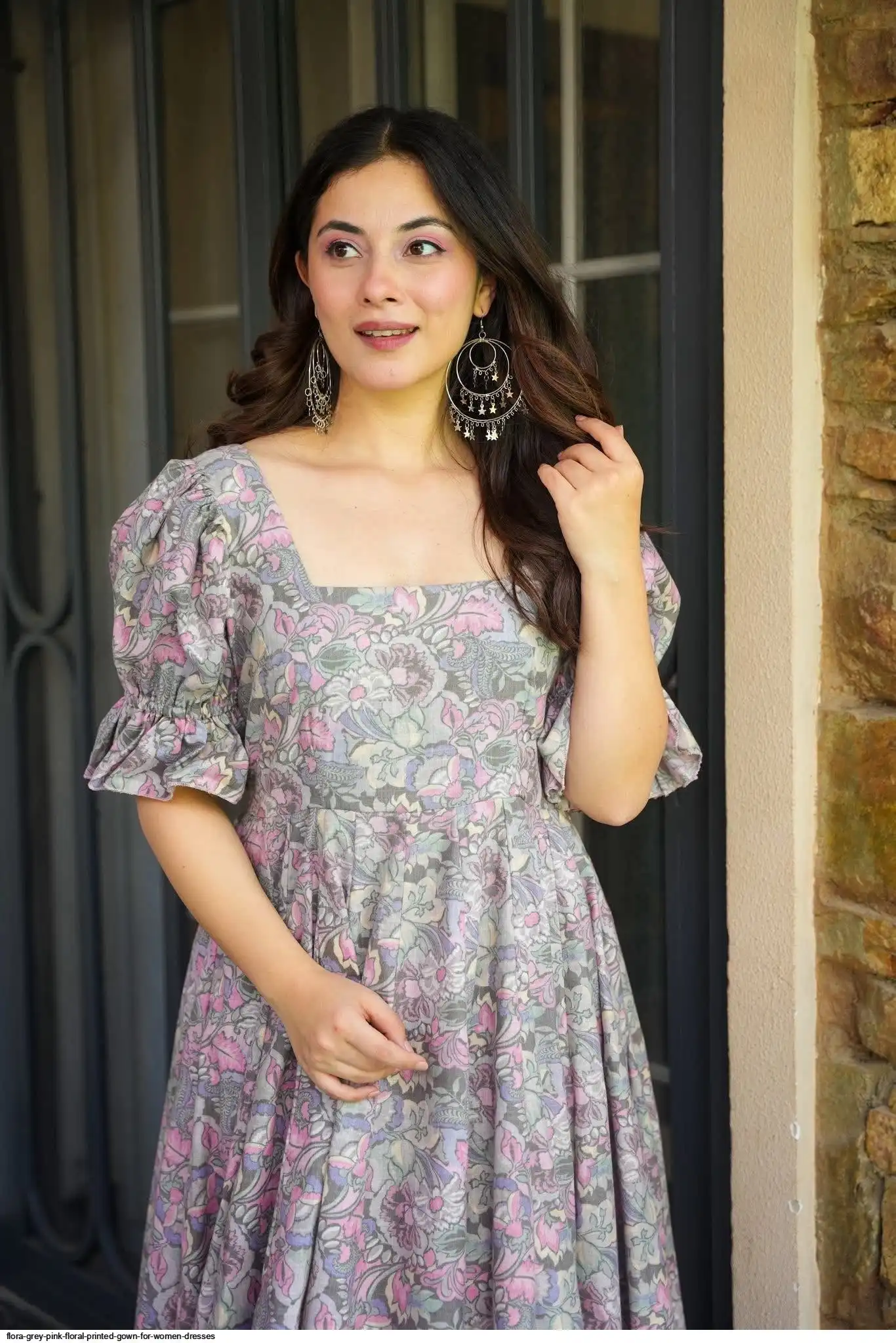 FLORA Grey Pink Floral Printed Gown for Women Dresses FLORA Grey Pink Floral Printed Gown for Women Dresses