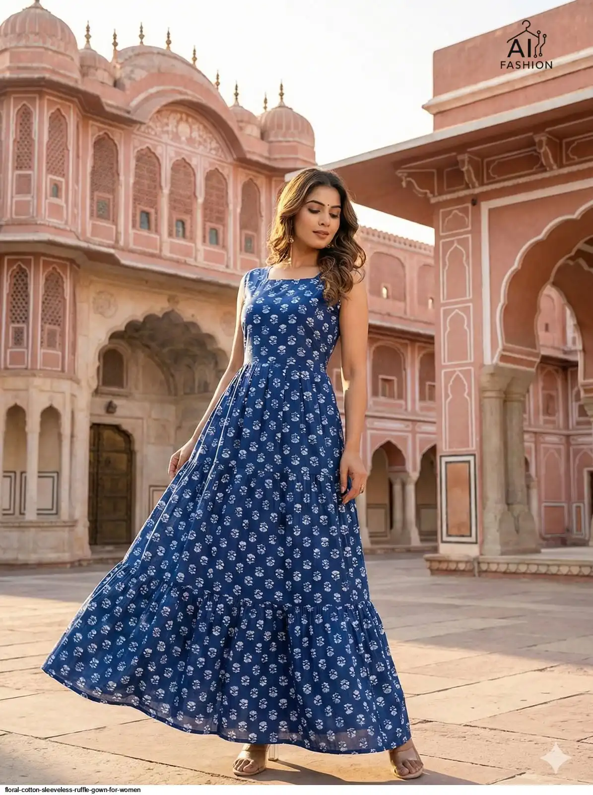 FLORAL COTTON SLEEVELESS RUFFLE GOWN FOR WOMEN B