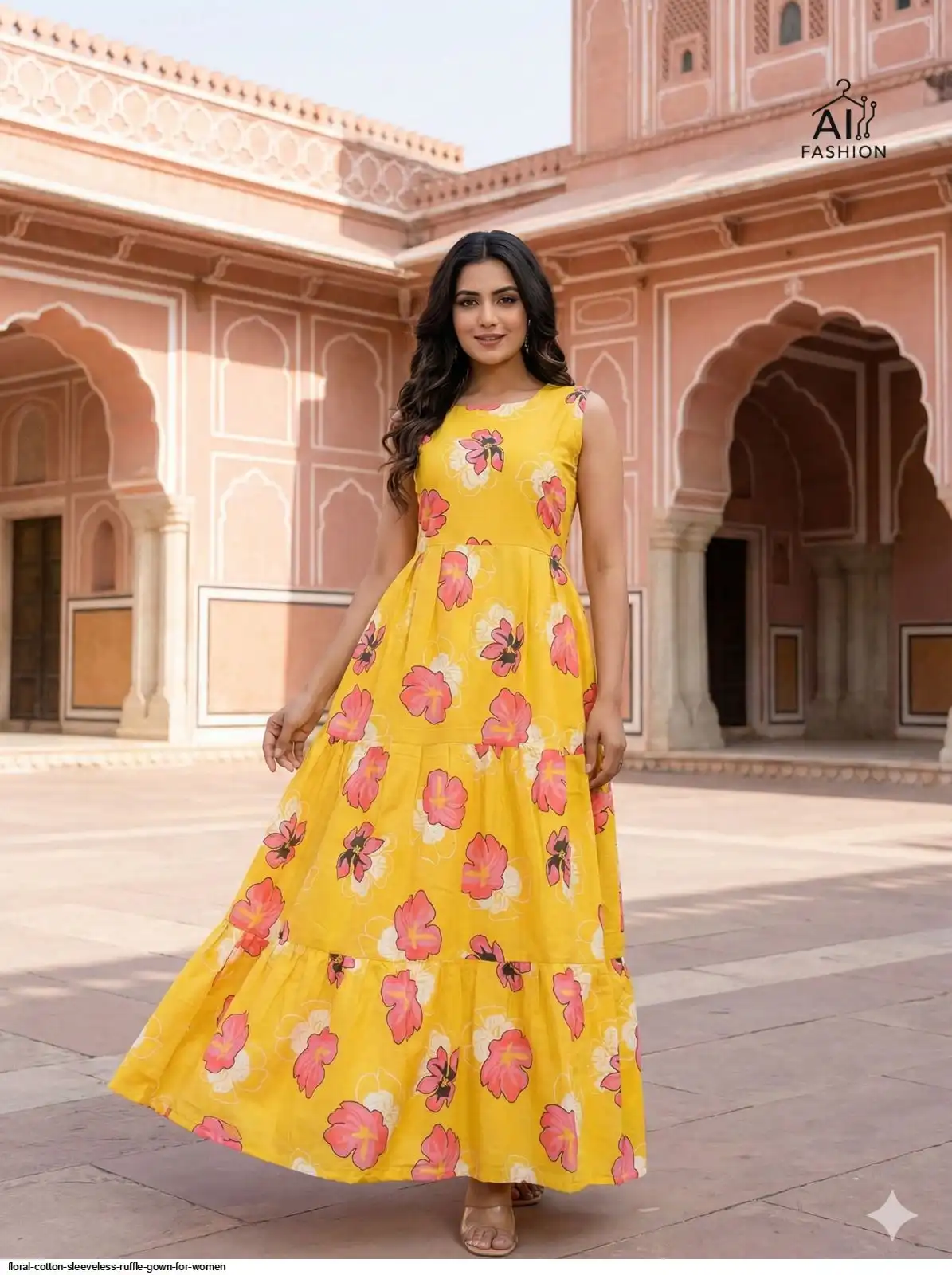 FLORAL COTTON SLEEVELESS RUFFLE GOWN FOR WOMEN E