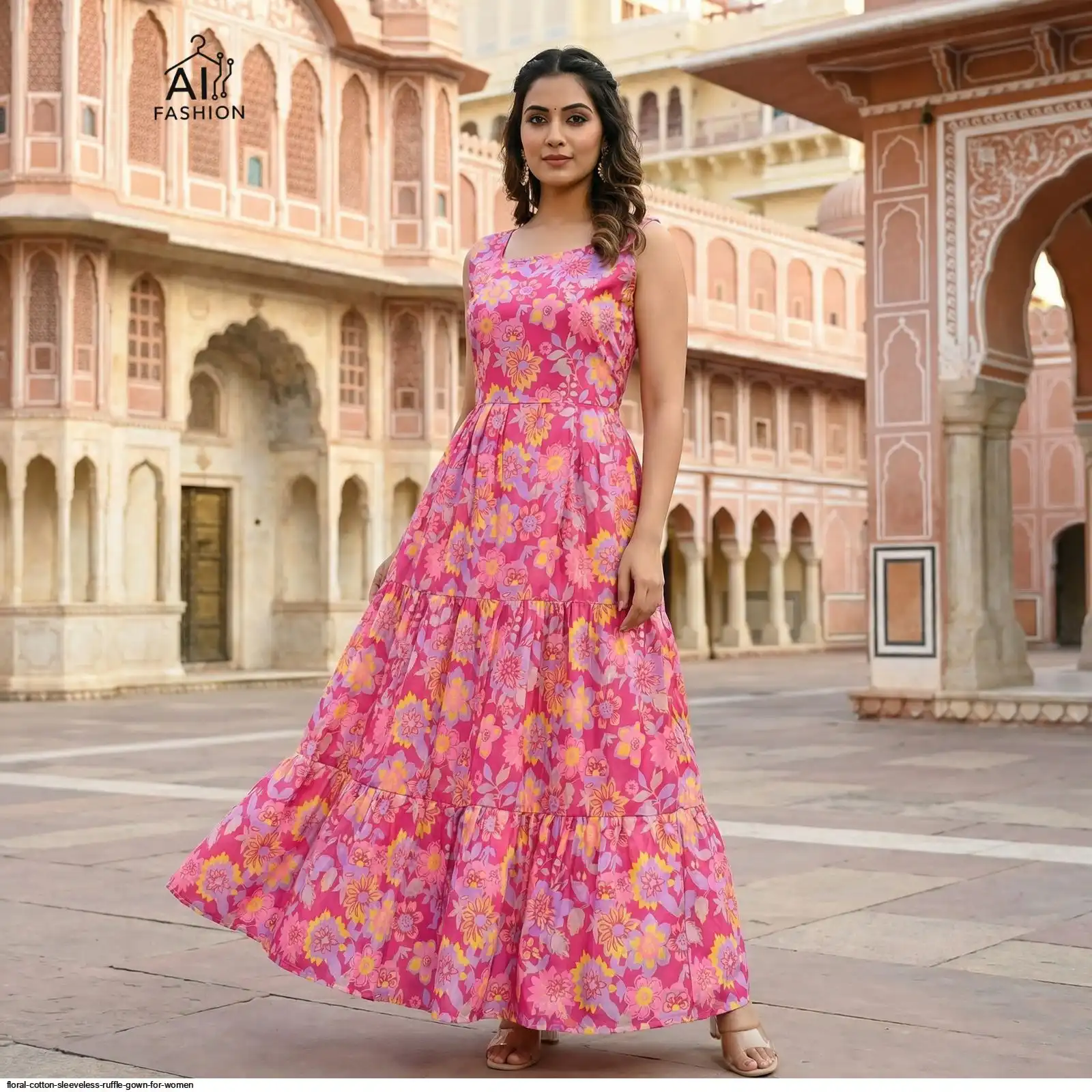 FLORAL COTTON SLEEVELESS RUFFLE GOWN FOR WOMEN D