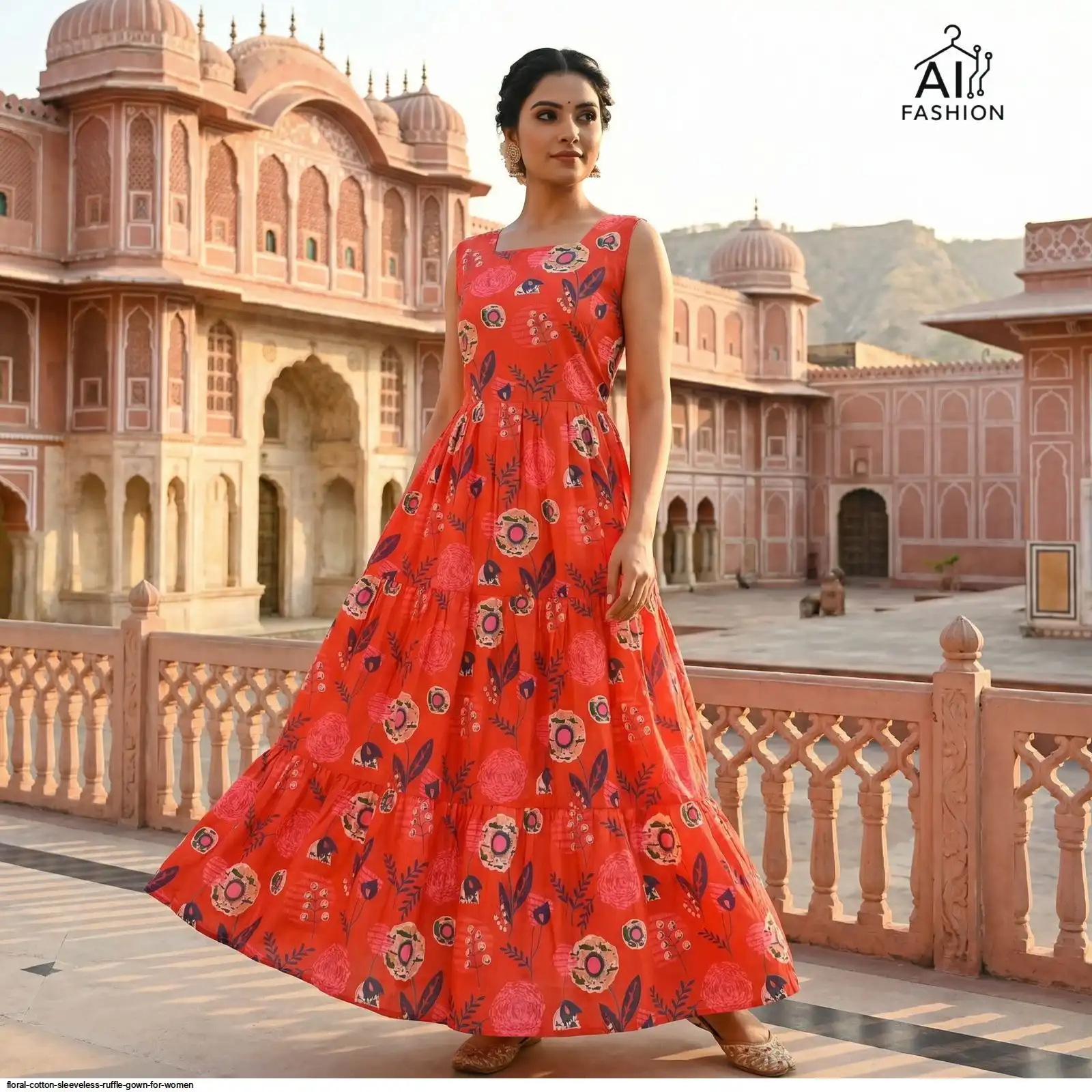 FLORAL COTTON SLEEVELESS RUFFLE GOWN FOR WOMEN C