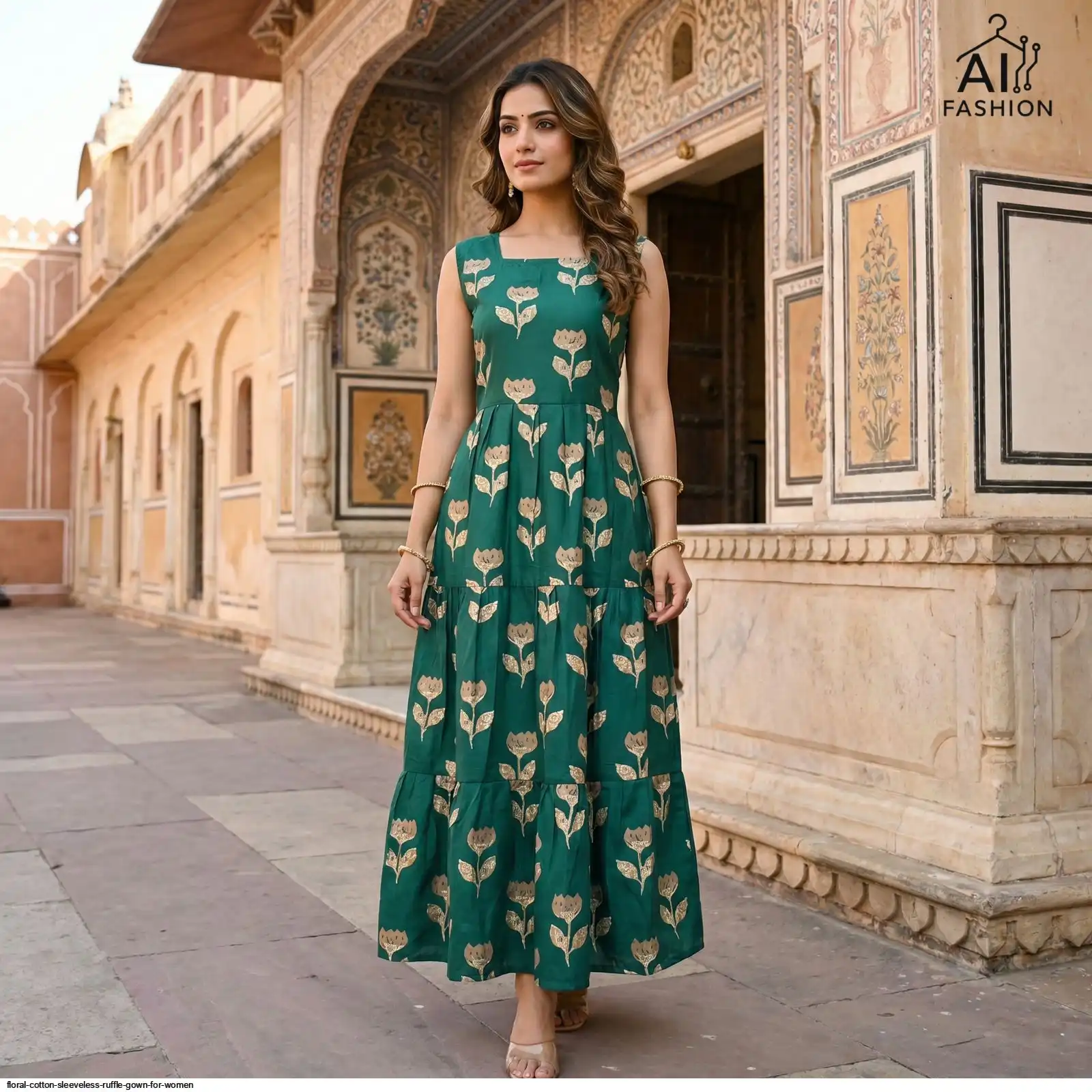 FLORAL COTTON SLEEVELESS RUFFLE GOWN FOR WOMEN A