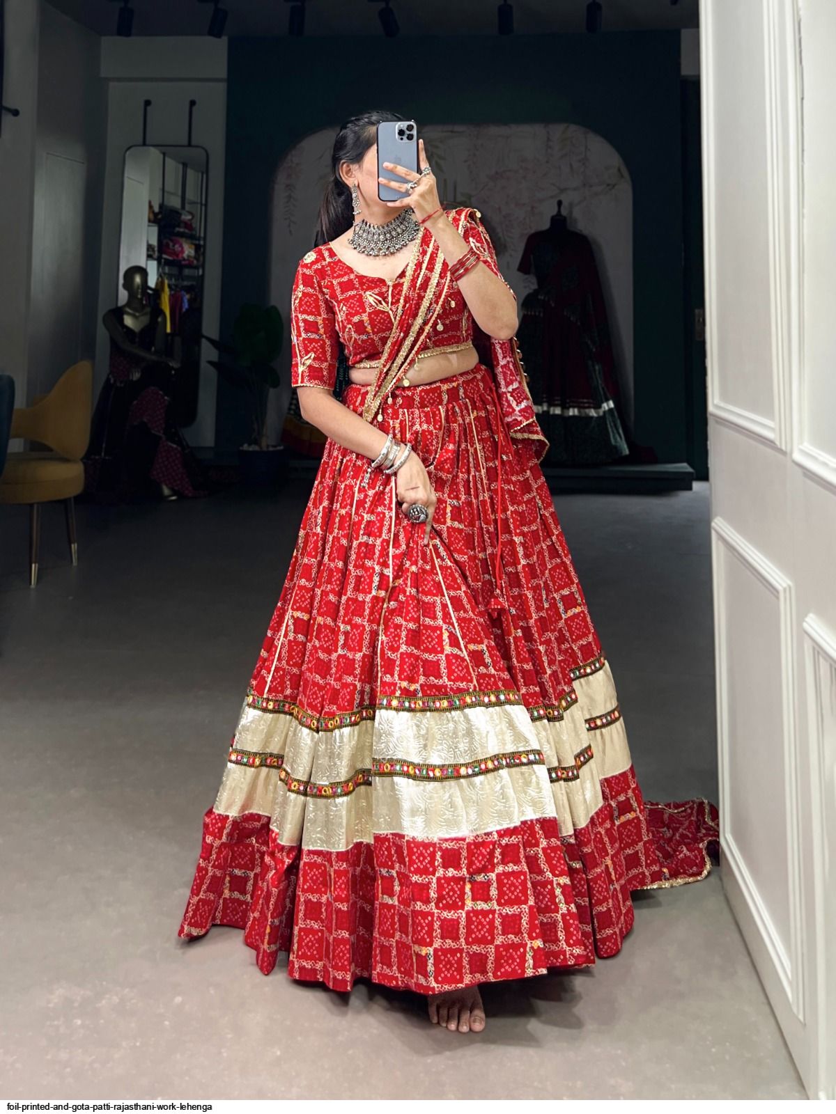 Foil Printed And Gota Patti Rajasthani Work lehenga