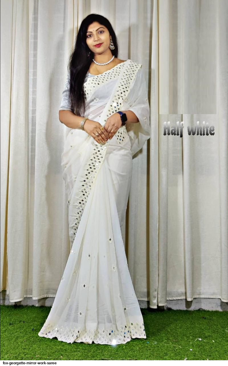 Off white Pure Satin Resham, Mirror and Diamond Zarkan Heavy work Saree  with Blouse » BRITHIKA Luxury Fashion