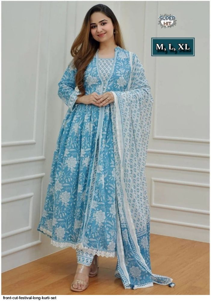 Beautiful Front cut Sky Blue kurti pant with duptta set