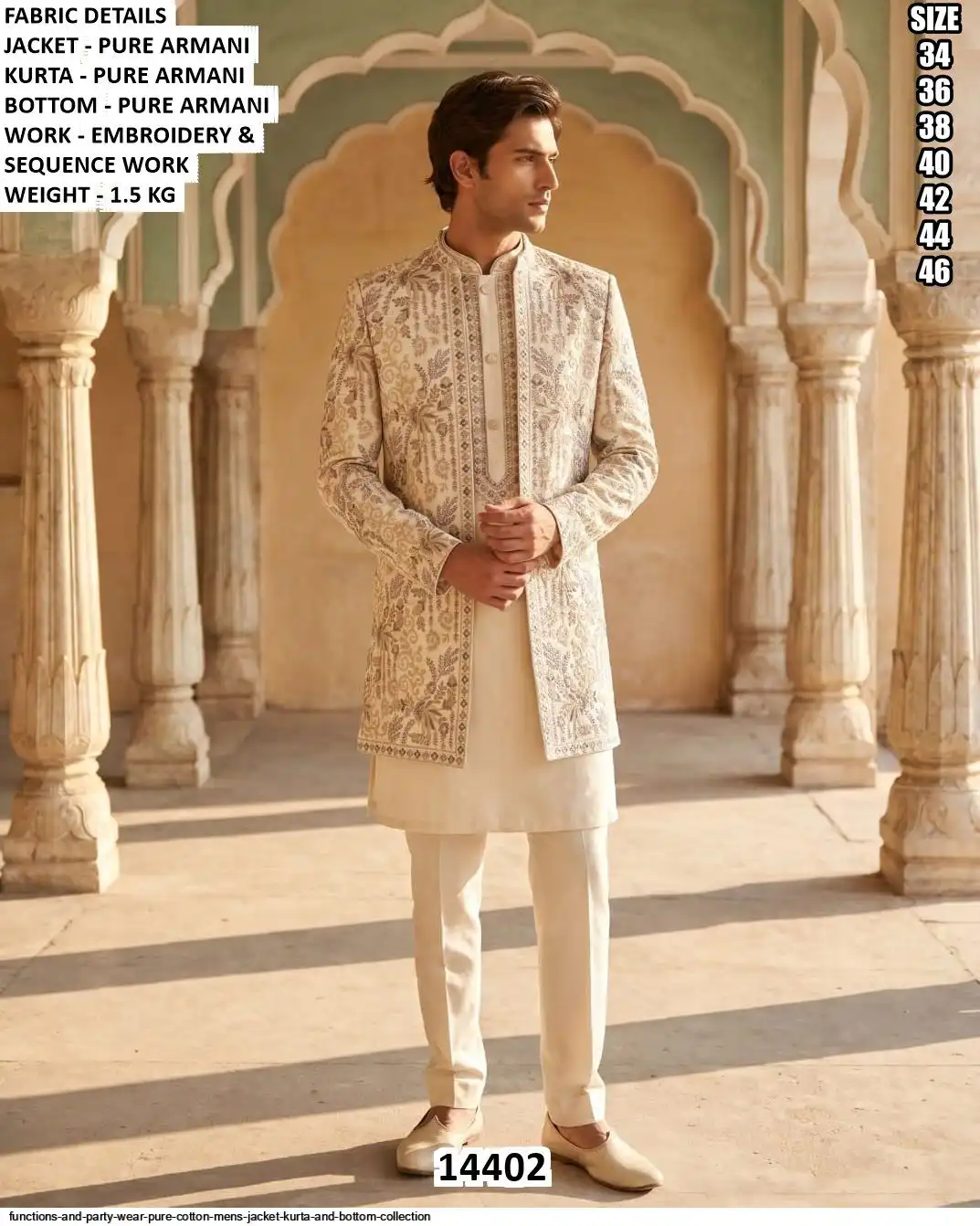 VOL 144 FUNCTIONS AND PARTY WEAR PURE COTTON MENS JACKET KURTA AND BOTTOM COLLECTION 14402