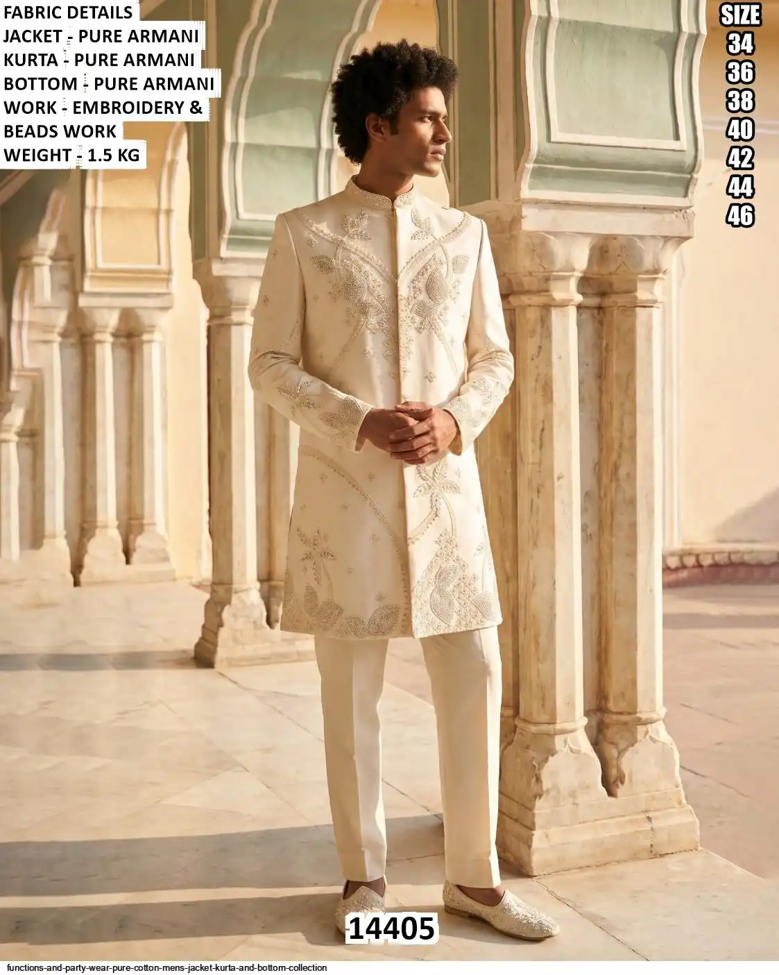 VOL 144 FUNCTIONS AND PARTY WEAR PURE COTTON MENS JACKET KURTA AND BOTTOM COLLECTION 14405
