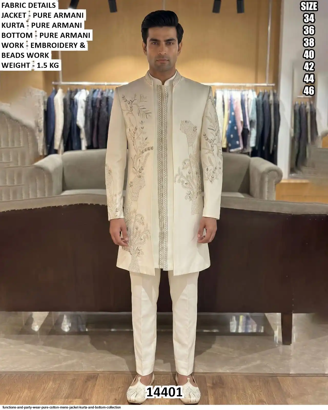 VOL 144 FUNCTIONS AND PARTY WEAR PURE COTTON MENS JACKET KURTA AND BOTTOM COLLECTION 14401