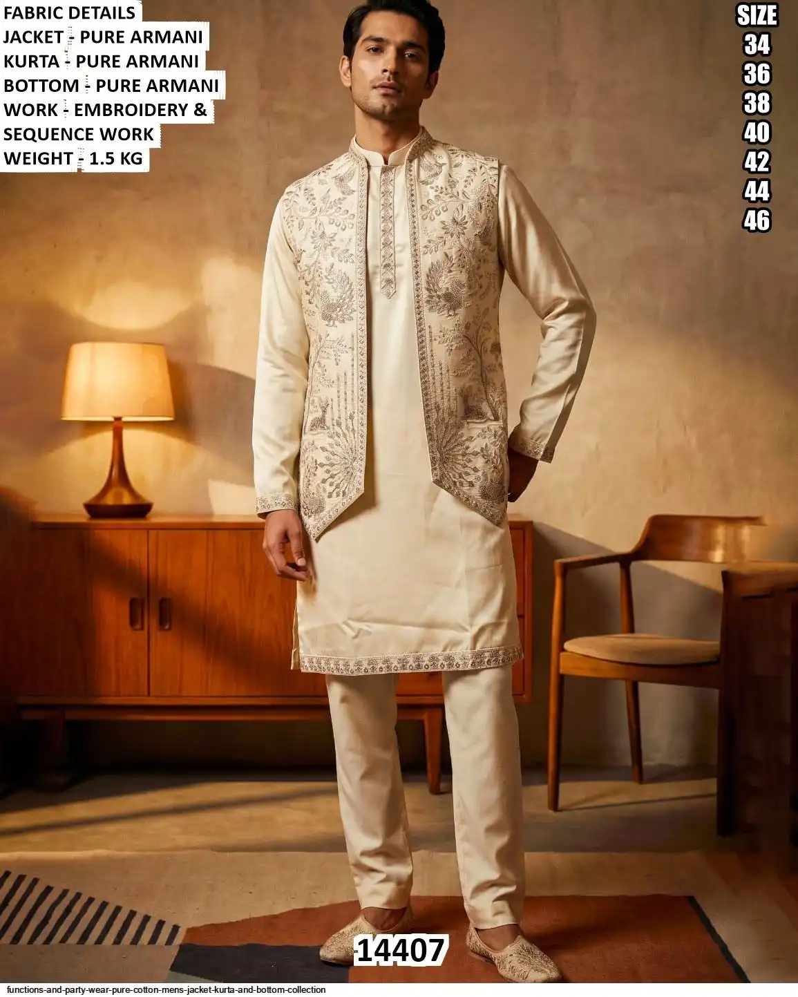 VOL 144 FUNCTIONS AND PARTY WEAR PURE COTTON MENS JACKET KURTA AND BOTTOM COLLECTION 14407