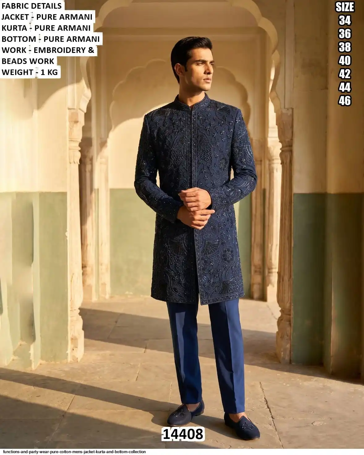 VOL 144 FUNCTIONS AND PARTY WEAR PURE COTTON MENS JACKET KURTA AND BOTTOM COLLECTION 14408