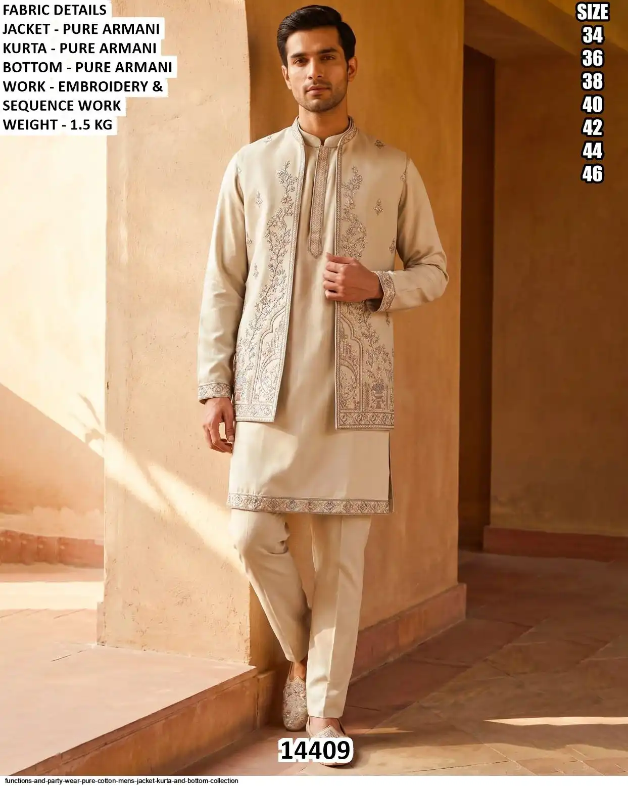 VOL 144 FUNCTIONS AND PARTY WEAR PURE COTTON MENS JACKET KURTA AND BOTTOM COLLECTION 14409