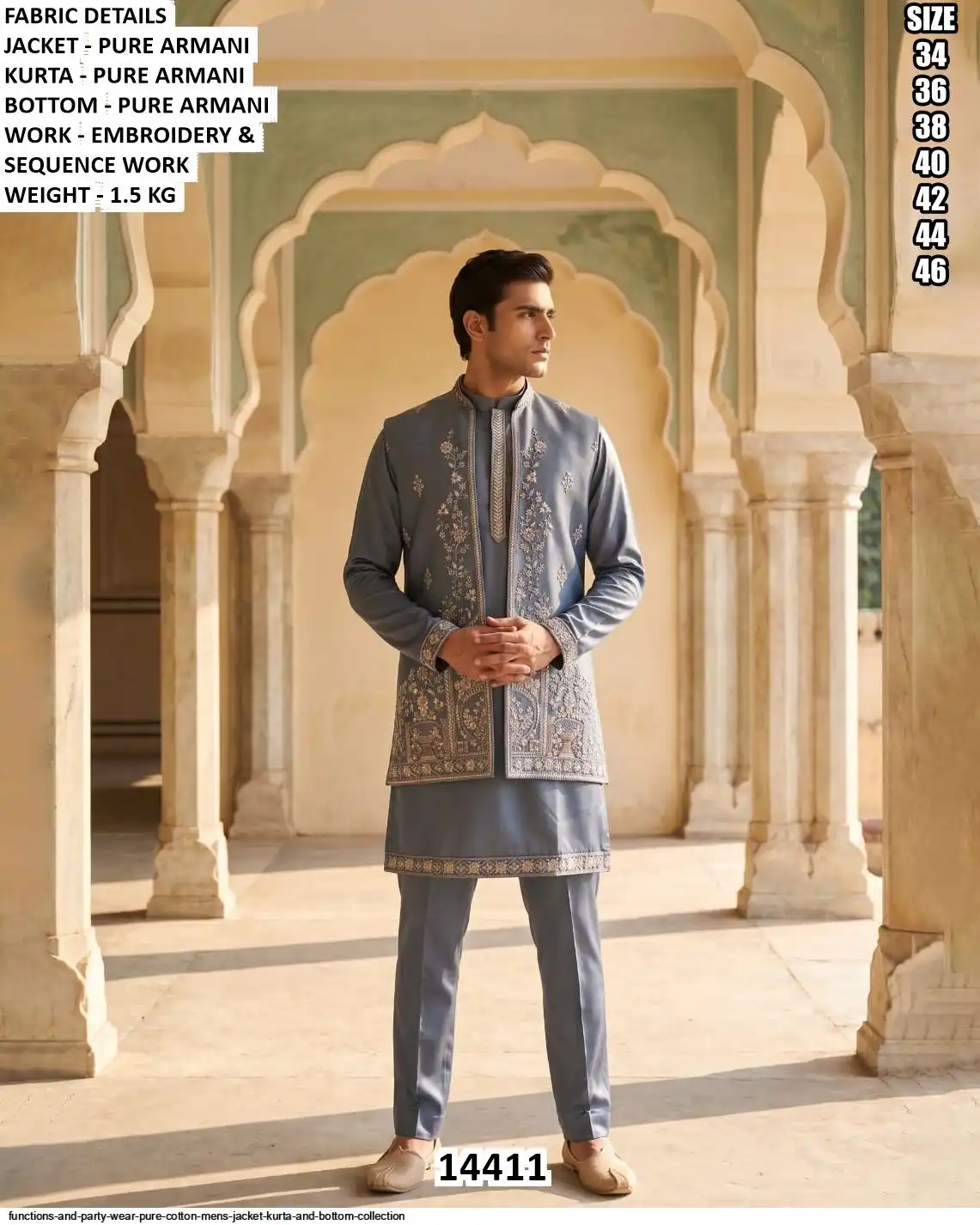VOL 144 FUNCTIONS AND PARTY WEAR PURE COTTON MENS JACKET KURTA AND BOTTOM COLLECTION 14411
