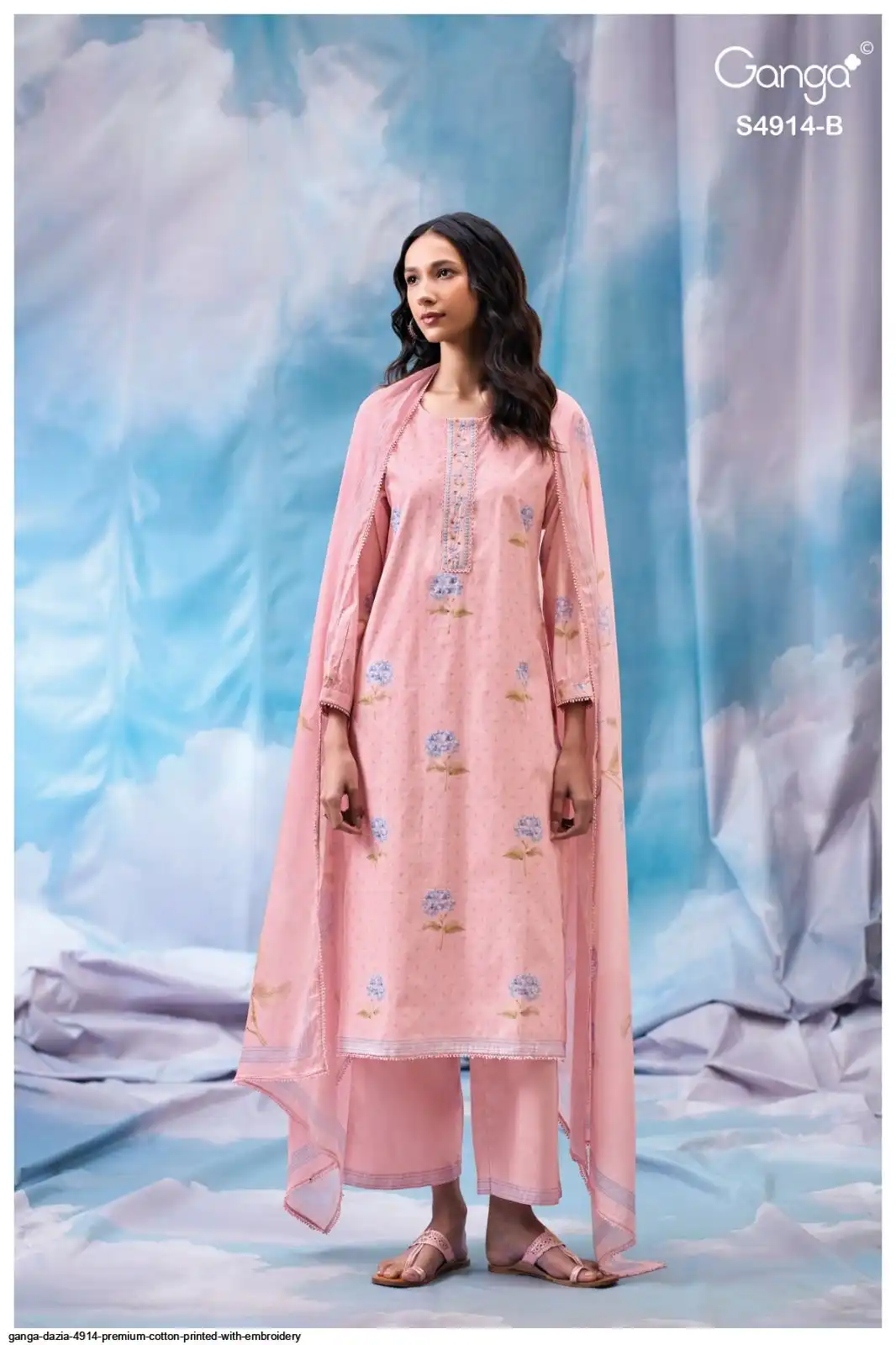 GANGA DAZIA 4914 Premium Cotton Printed With Embroidery Lace On