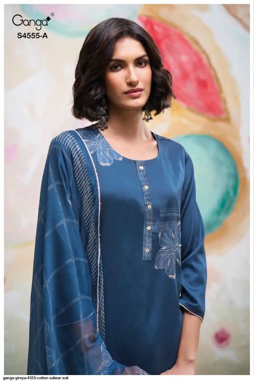 GANGA GIREYA 4555 TOP PREMIUM COTTON SATIN PRINTED WITH HAND WORK