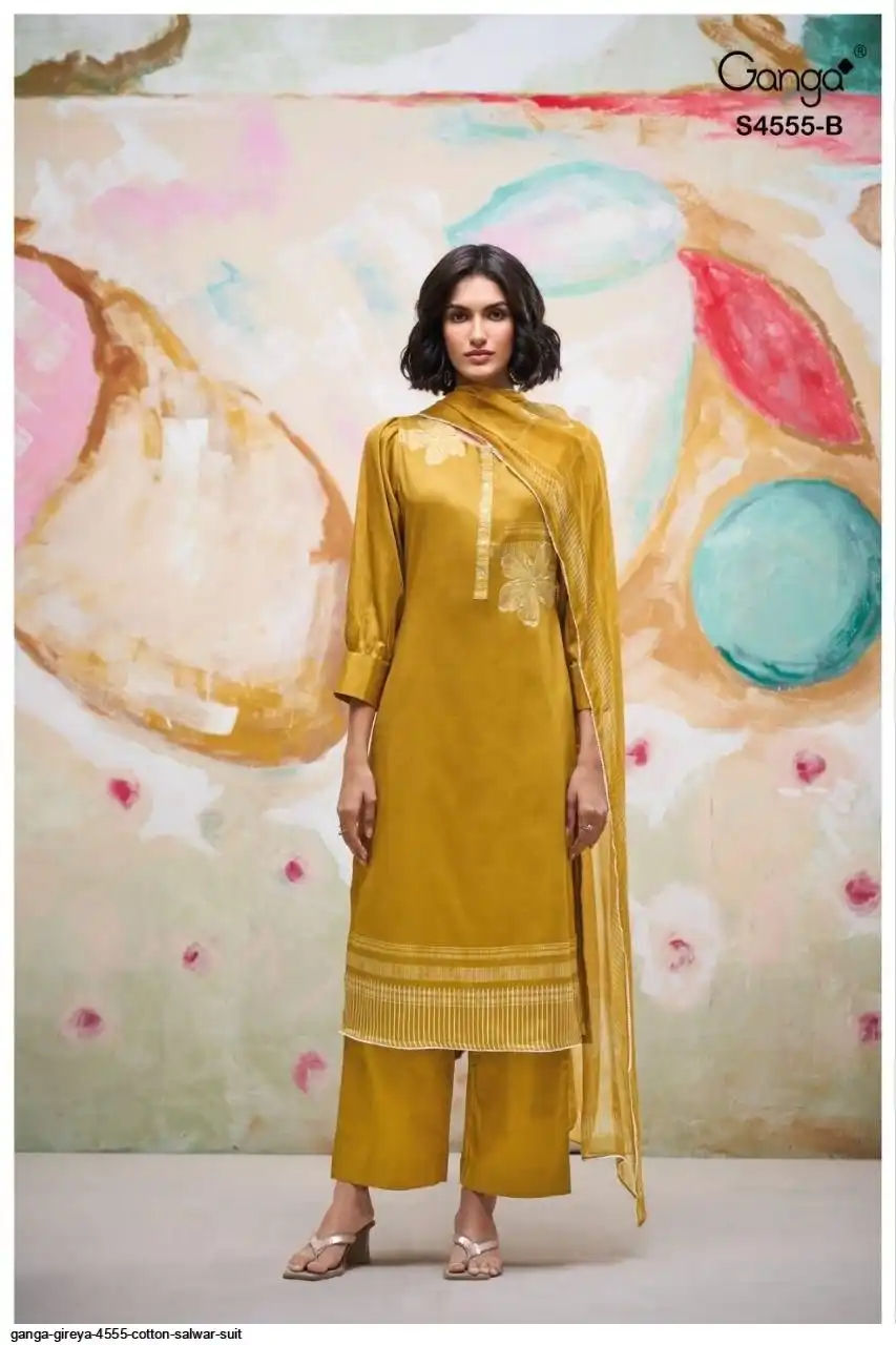 GANGA GIREYA 4555 TOP PREMIUM COTTON SATIN PRINTED WITH HAND WORK
