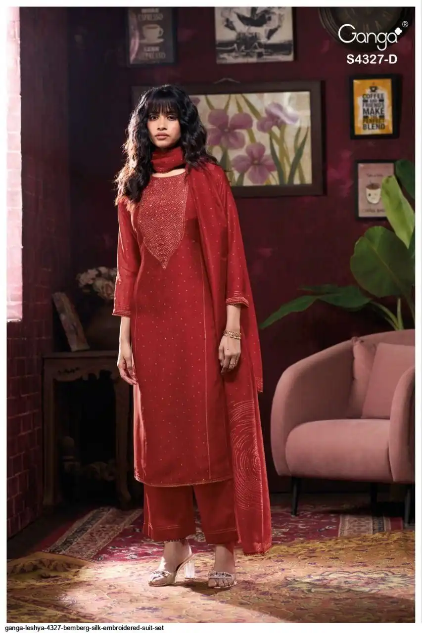 GANGA Leshya 4327 Bemberg Silk Embroidered Suit Set Wholesale