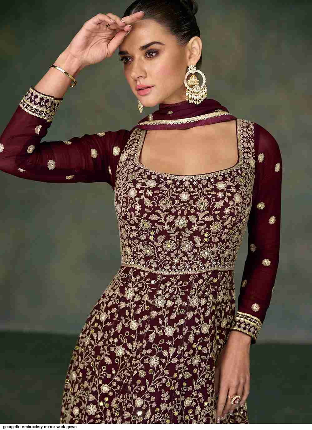 Women’s Georgette Embroidered Suit Set with Mirror Work Neck and Lace Border Pant – L to 3XL main image 0