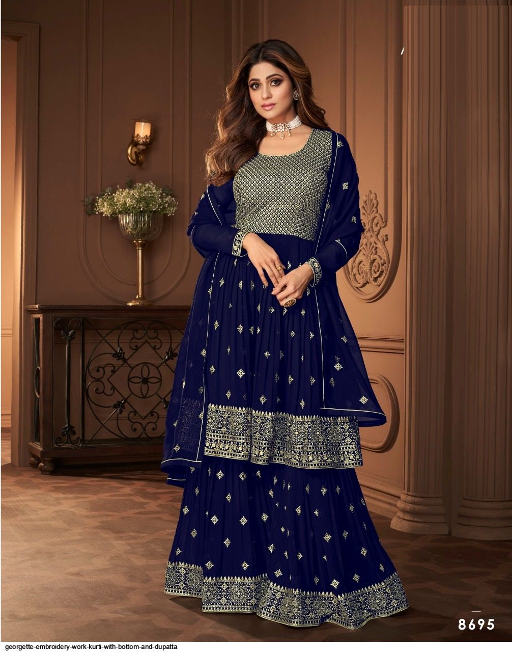 Netted Dark Blue Georgette Embroidery Kurthi