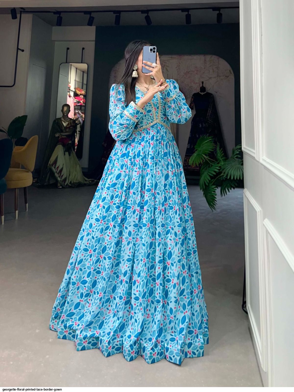 slim fit dress slacks Blue Multi Scallop Cutout Floral Lace Dress main image 1