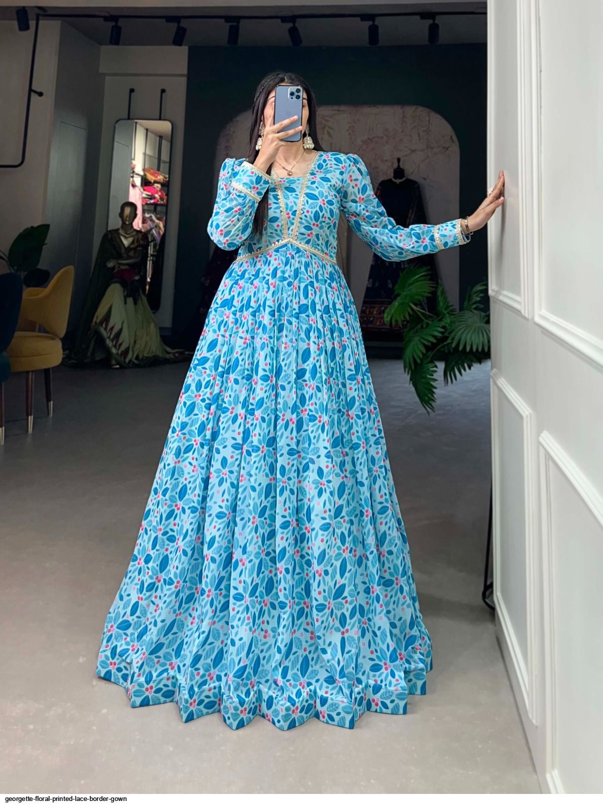 Georgette Floral printed Lace Border gown Georgette Floral printed Lace Border gown