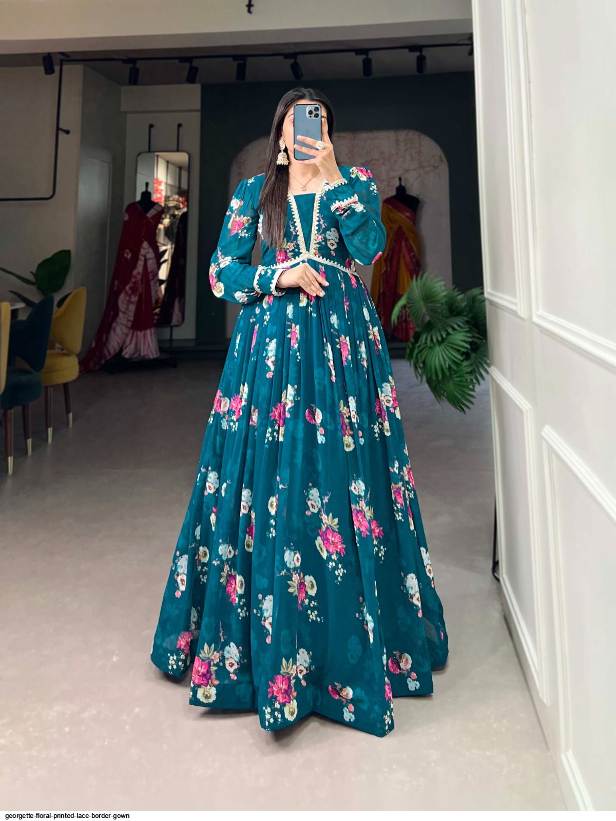 Georgette Floral printed Lace Border gown Georgette Floral printed Lace Border gown