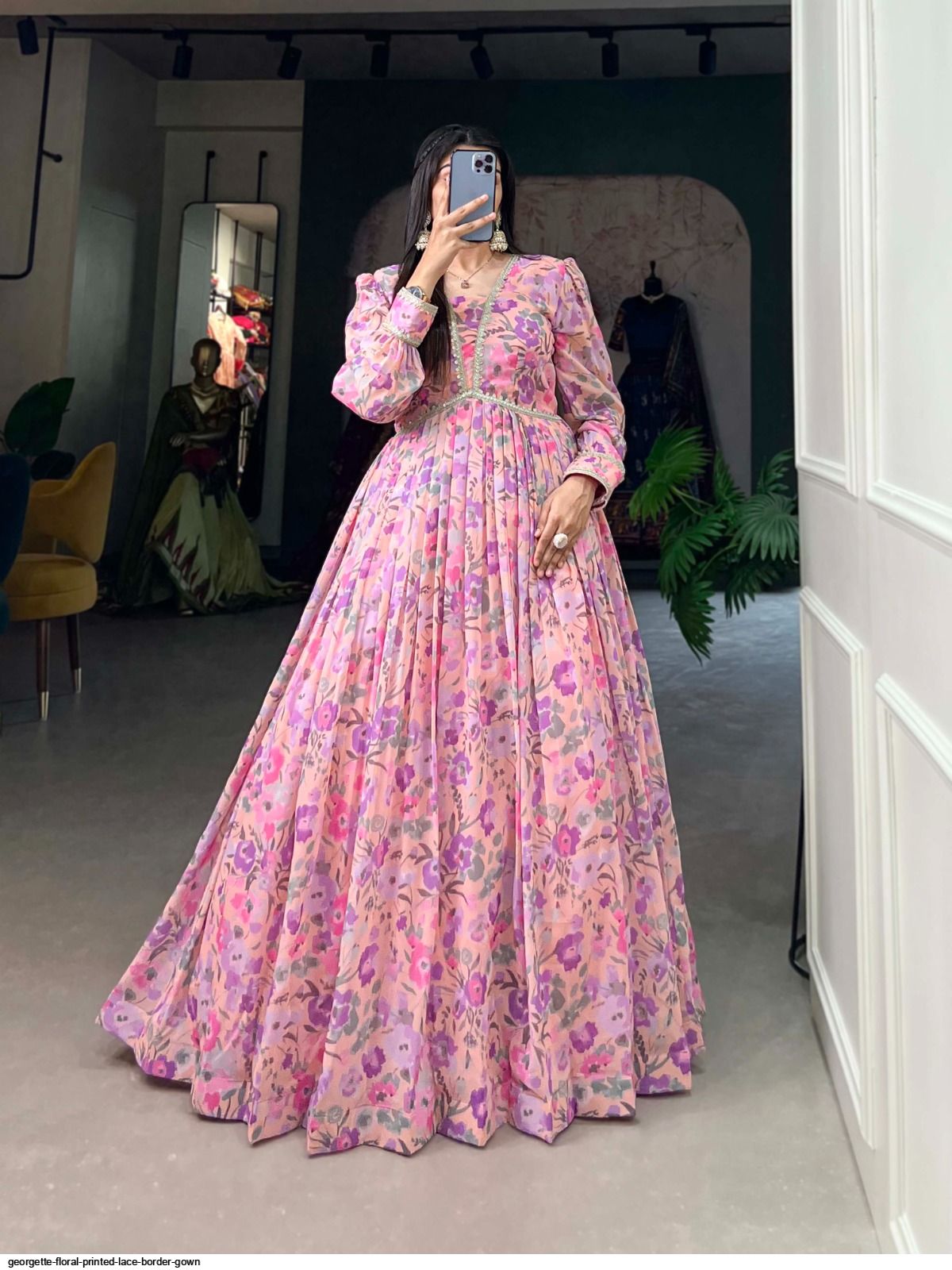 chinese dress ladies Border Print Blue Floral Smocked Dress