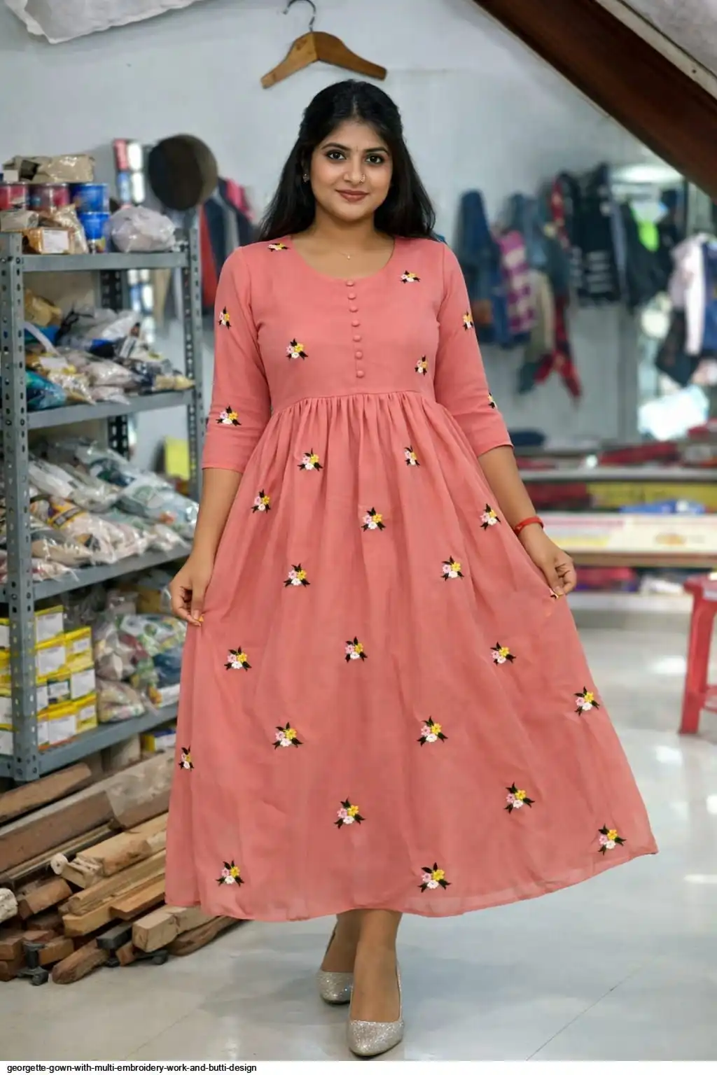 GEORGETTE GOWN WITH MULTI EMBROIDERY WORK AND BUTTI DESIGN B