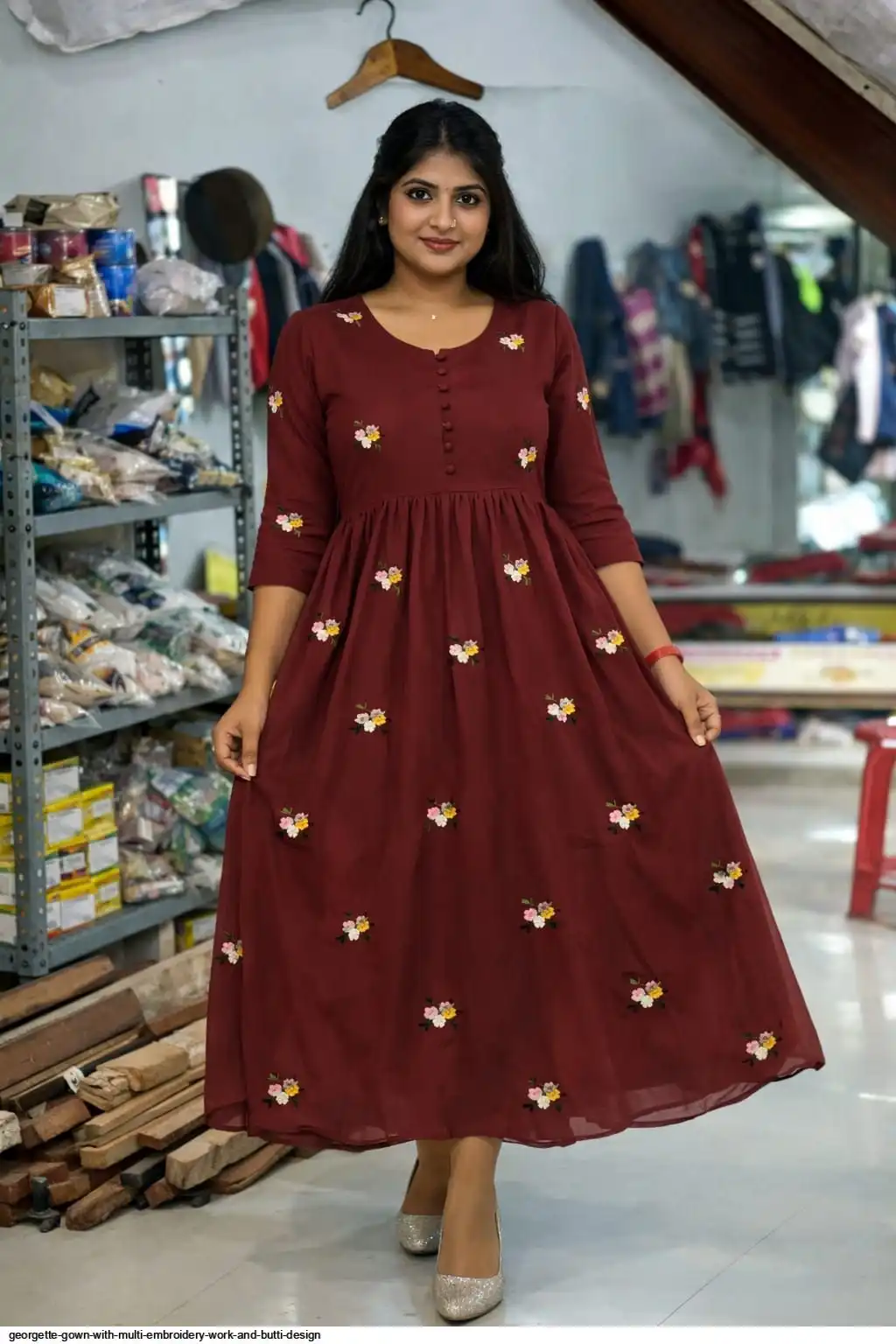 GEORGETTE GOWN WITH MULTI EMBROIDERY WORK AND BUTTI DESIGN D