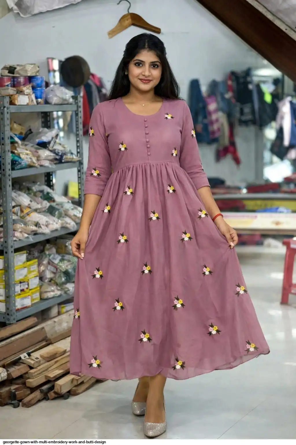 GEORGETTE GOWN WITH MULTI EMBROIDERY WORK AND BUTTI DESIGN C