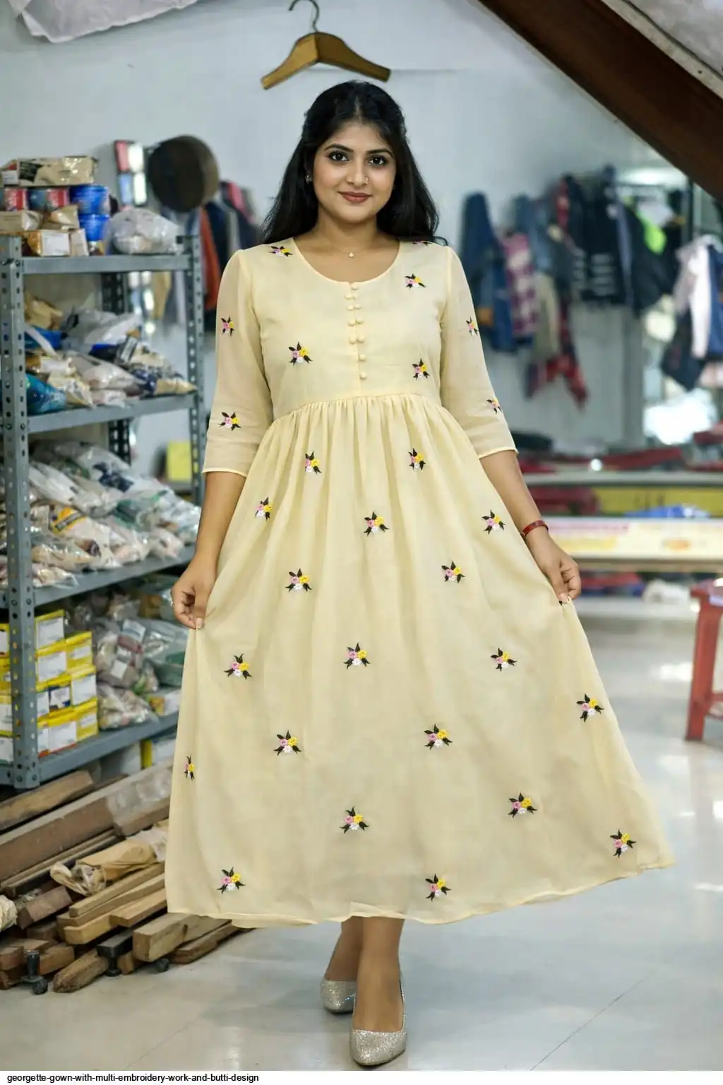 GEORGETTE GOWN WITH MULTI EMBROIDERY WORK AND BUTTI DESIGN A