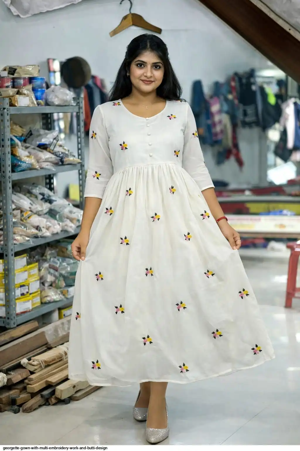 GEORGETTE GOWN WITH MULTI EMBROIDERY WORK AND BUTTI DESIGN E