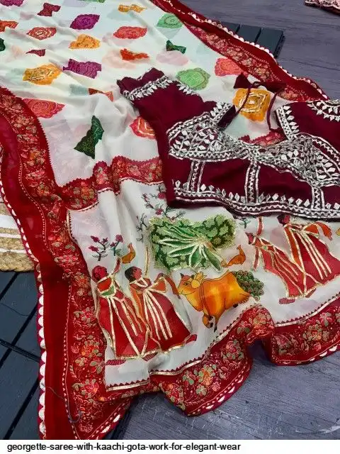 GEORGETTE SAREE WITH KAACHI GOTA WORK FOR ELEGANT WEAR K