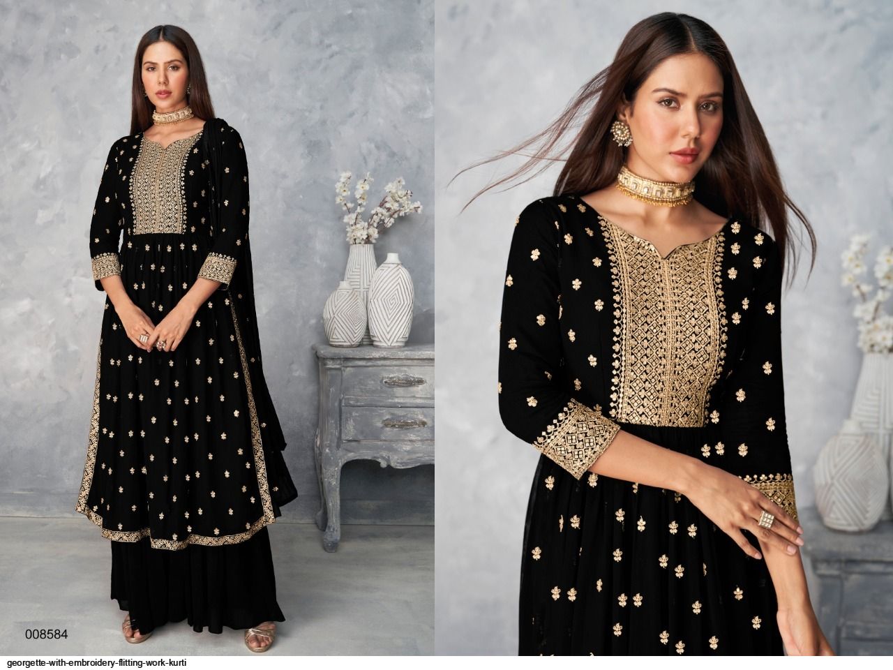 GEORGETTE WITH EMBROIDERY FLITTING WORK KURTI D