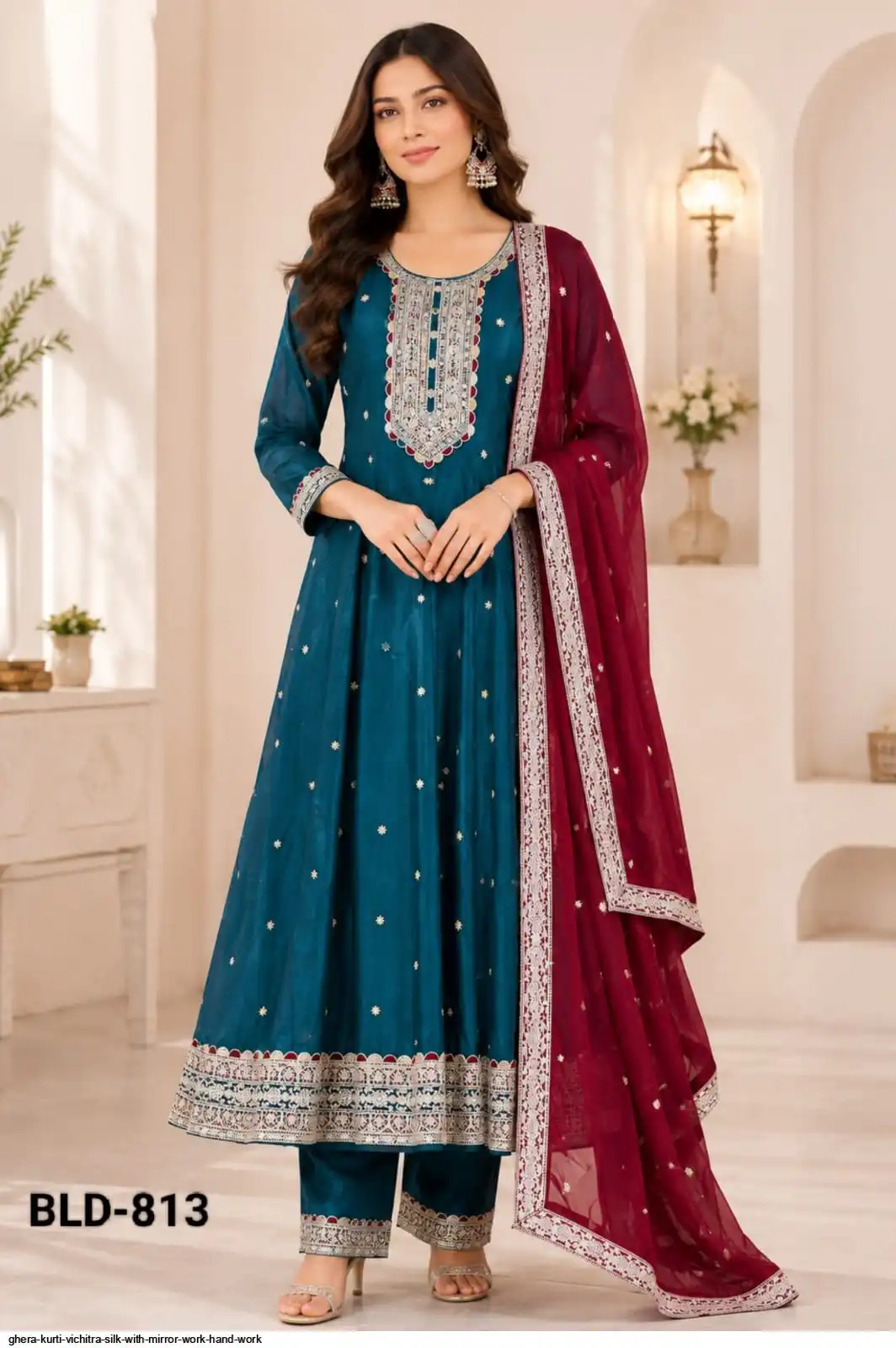 GHERA GOWN VICHITRA SILK WITH MIRROR WORK HAND WORK 813