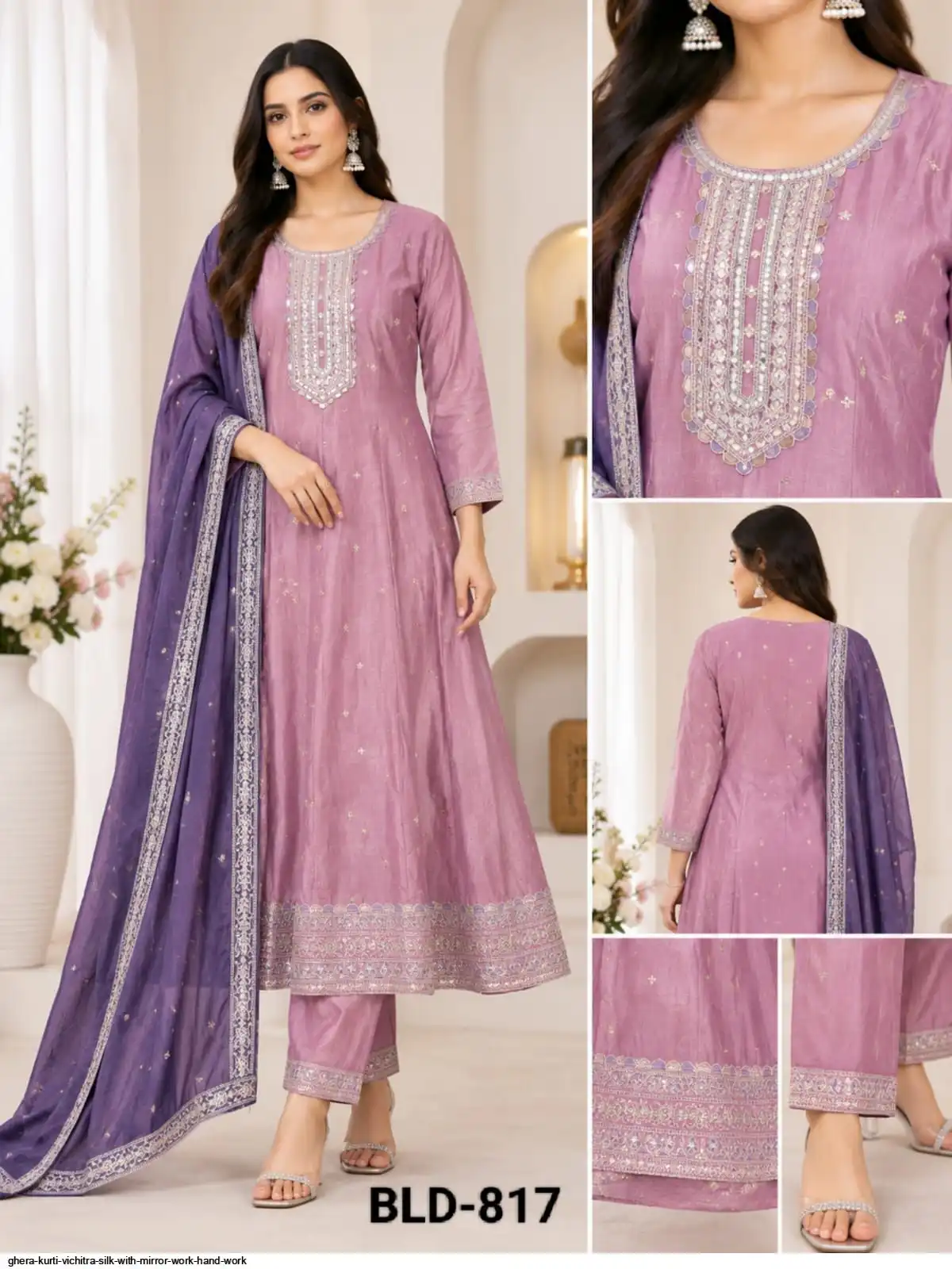 GHERA GOWN VICHITRA SILK WITH MIRROR WORK HAND WORK 817