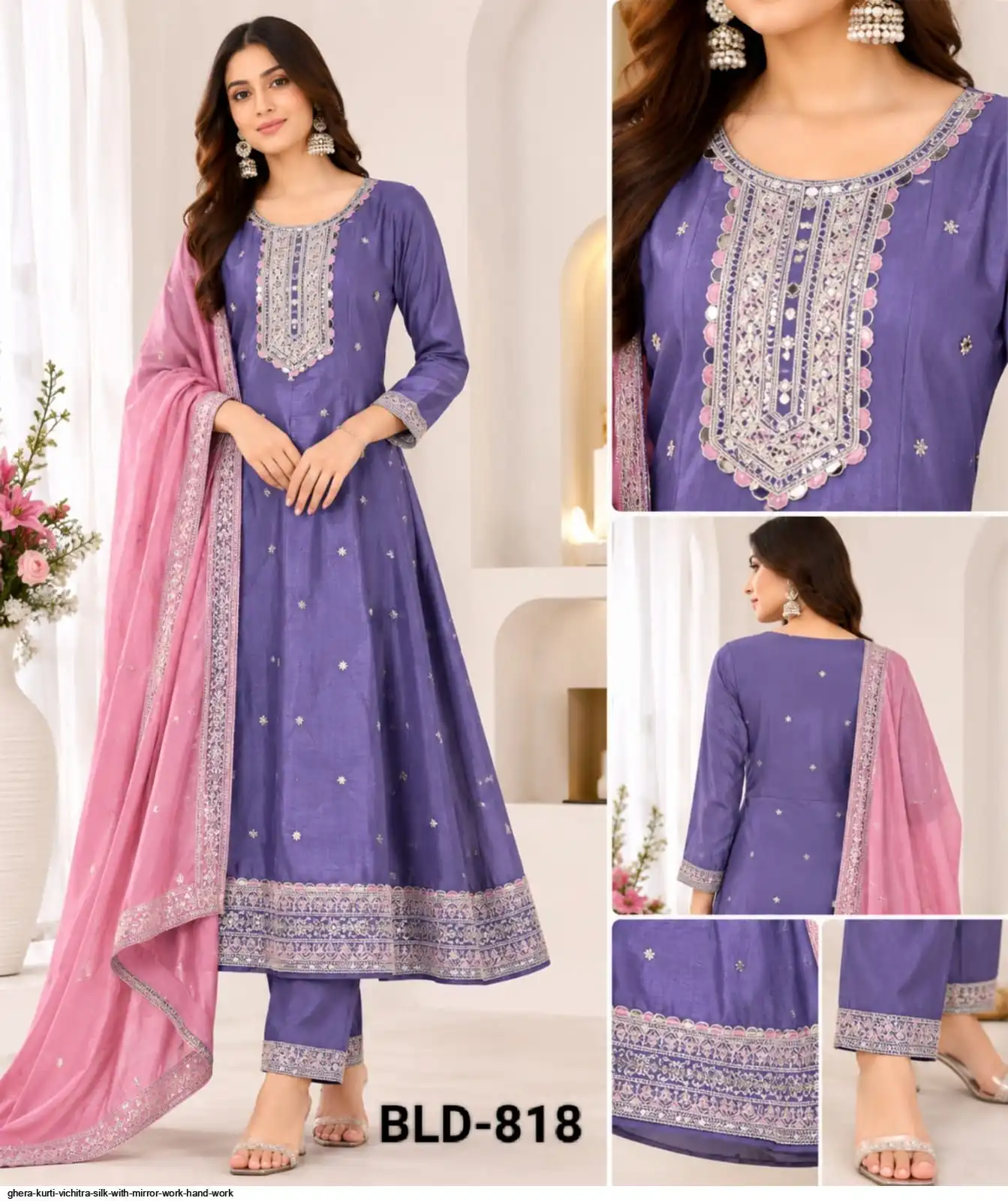 GHERA GOWN VICHITRA SILK WITH MIRROR WORK HAND WORK 818