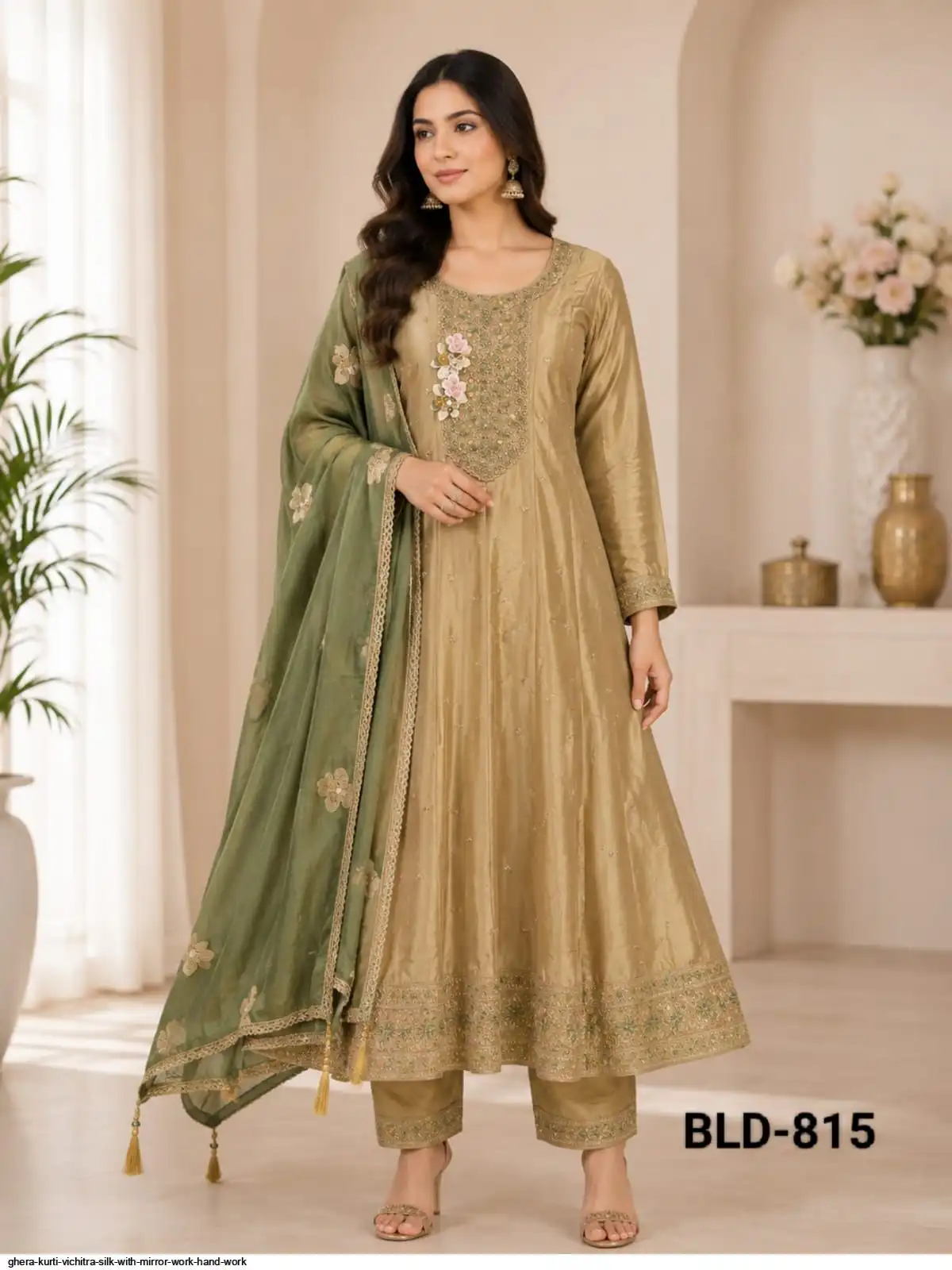 GHERA GOWN VICHITRA SILK WITH MIRROR WORK HAND WORK 815