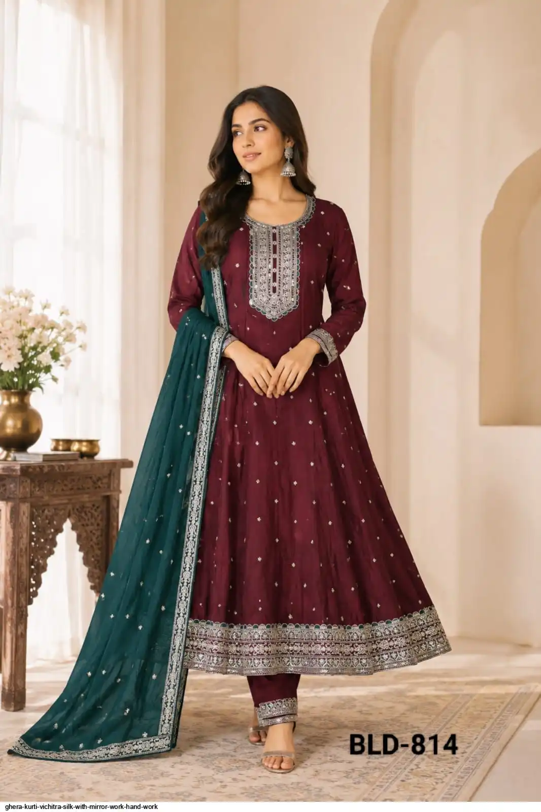 GHERA GOWN VICHITRA SILK WITH MIRROR WORK HAND WORK 814