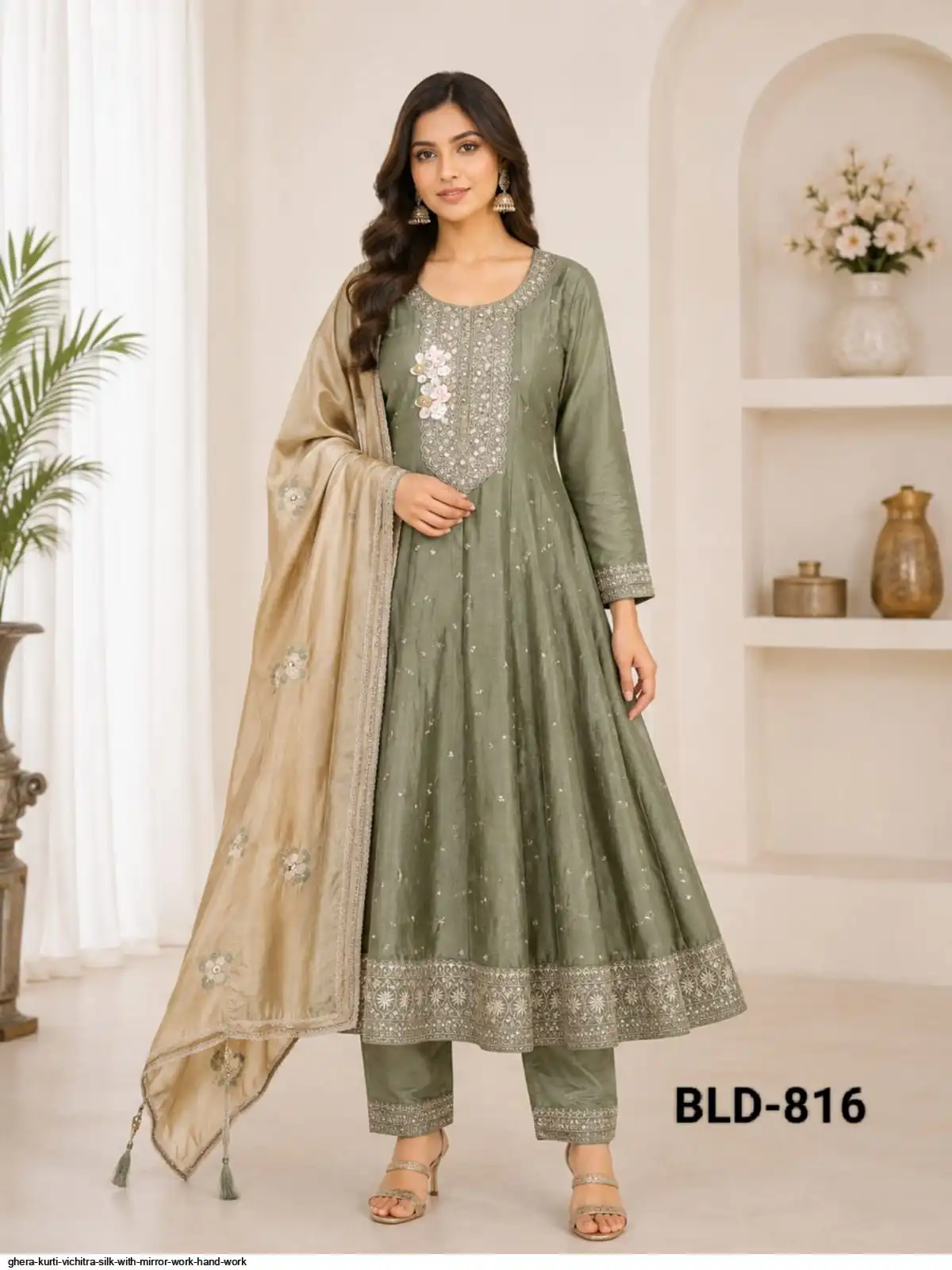 GHERA GOWN VICHITRA SILK WITH MIRROR WORK HAND WORK 816