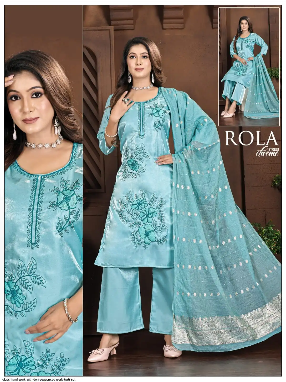 GLASS HAND WORK WITH DORI SEQUENCES WORK KURTI SET B