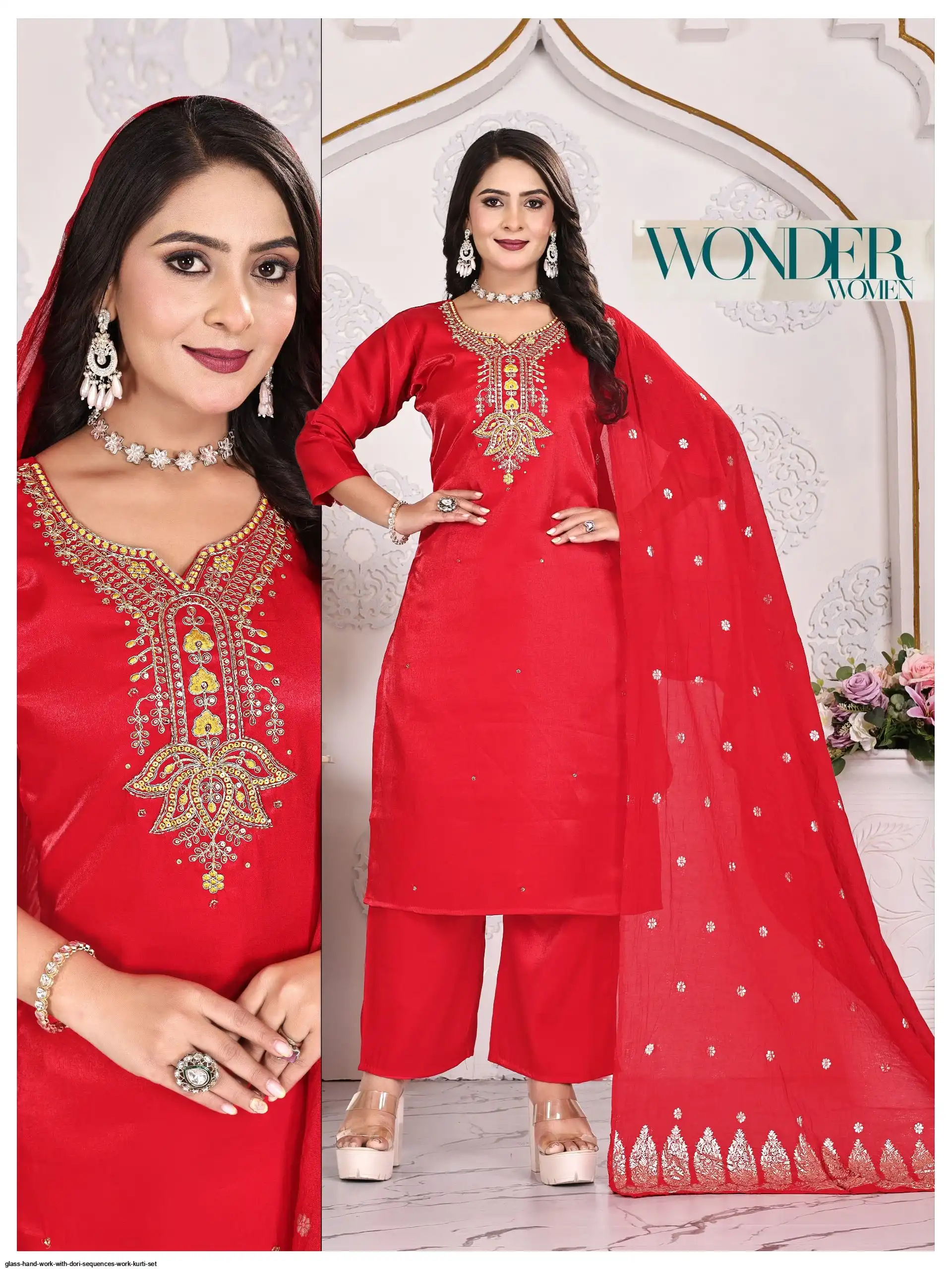 GLASS HAND WORK WITH DORI SEQUENCES WORK KURTI SET A