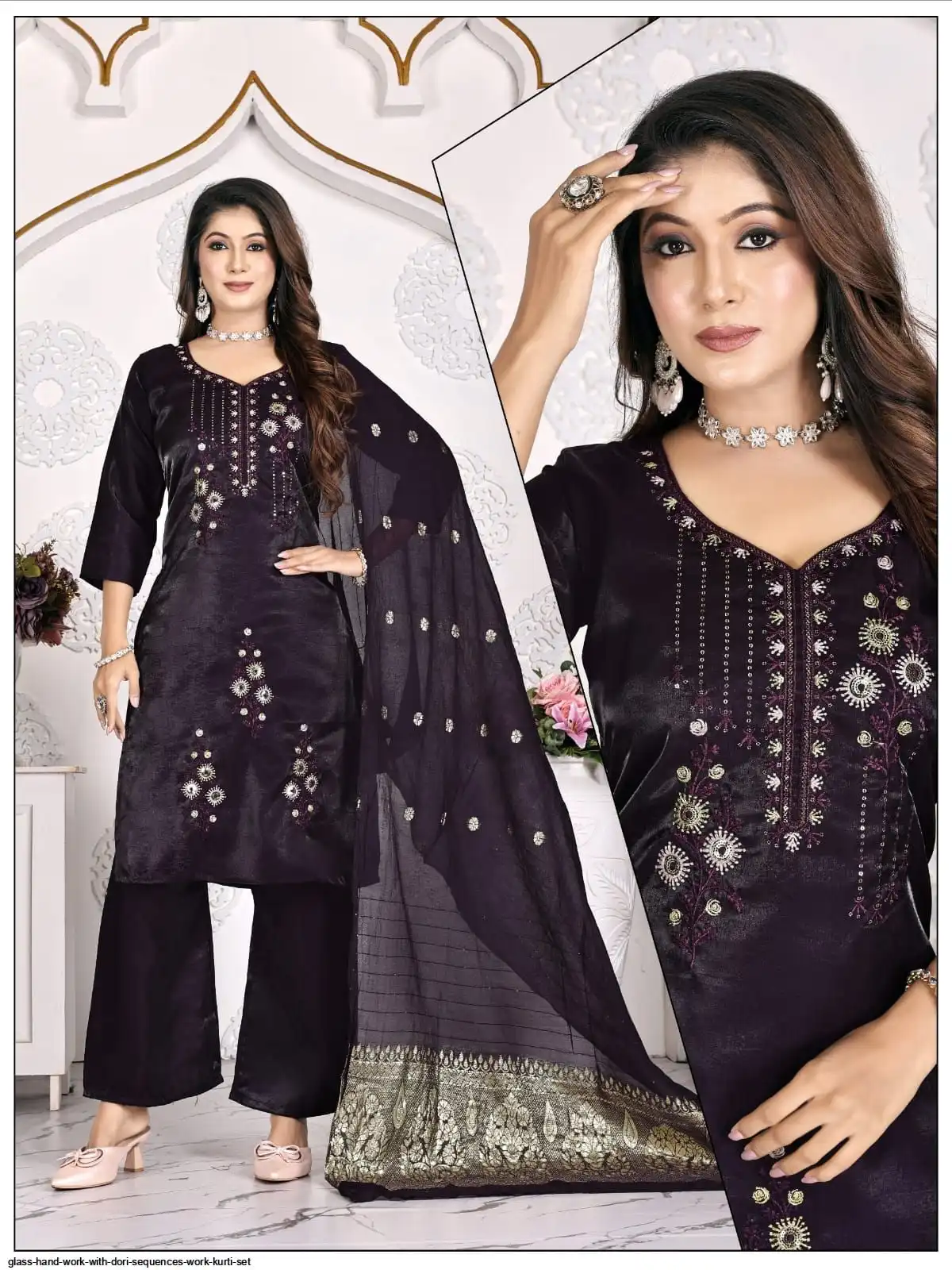GLASS HAND WORK WITH DORI SEQUENCES WORK KURTI SET D