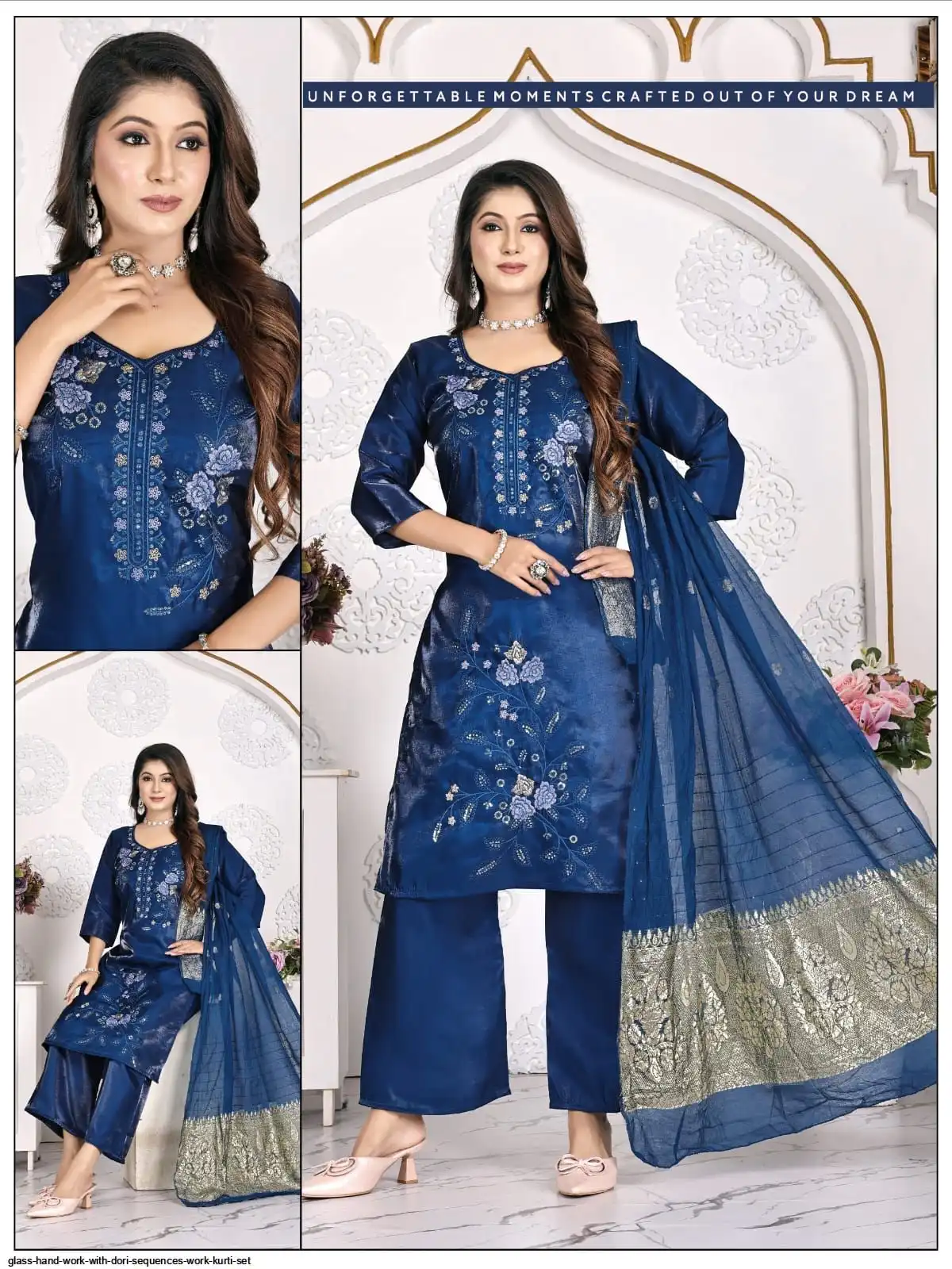 GLASS HAND WORK WITH DORI SEQUENCES WORK KURTI SET C